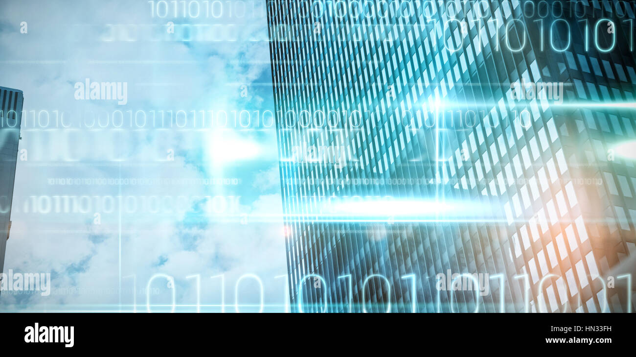Blue technology design with binary code against view of office building ...