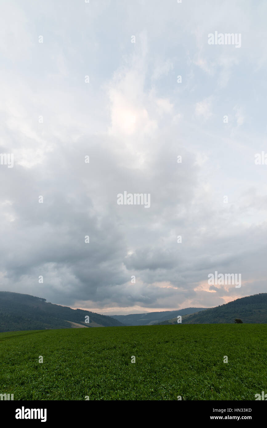 Dark storm clouds over meadow with green grass and mountains in ...