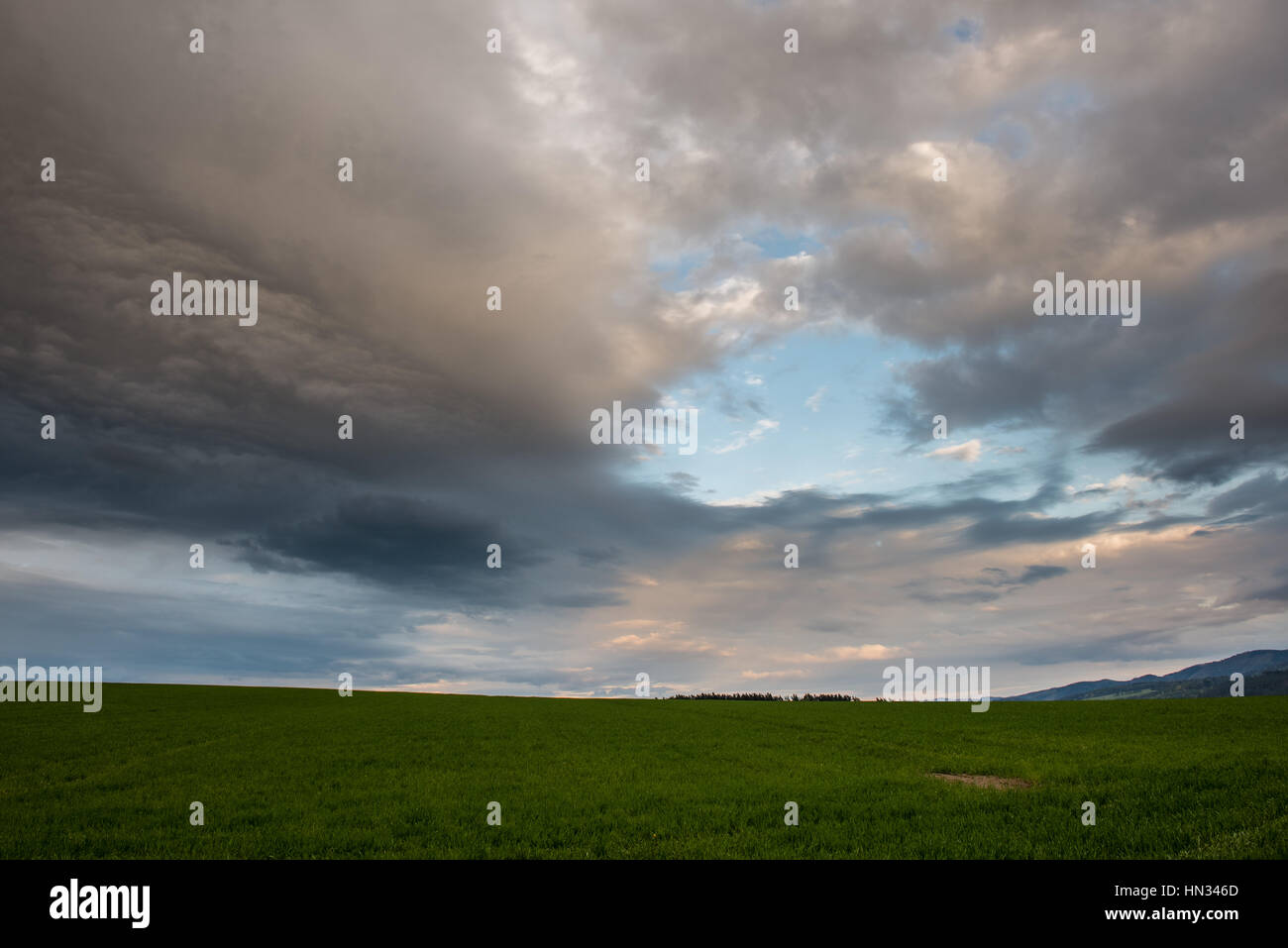 Dark storm clouds over meadow with green grass and mountains in ...