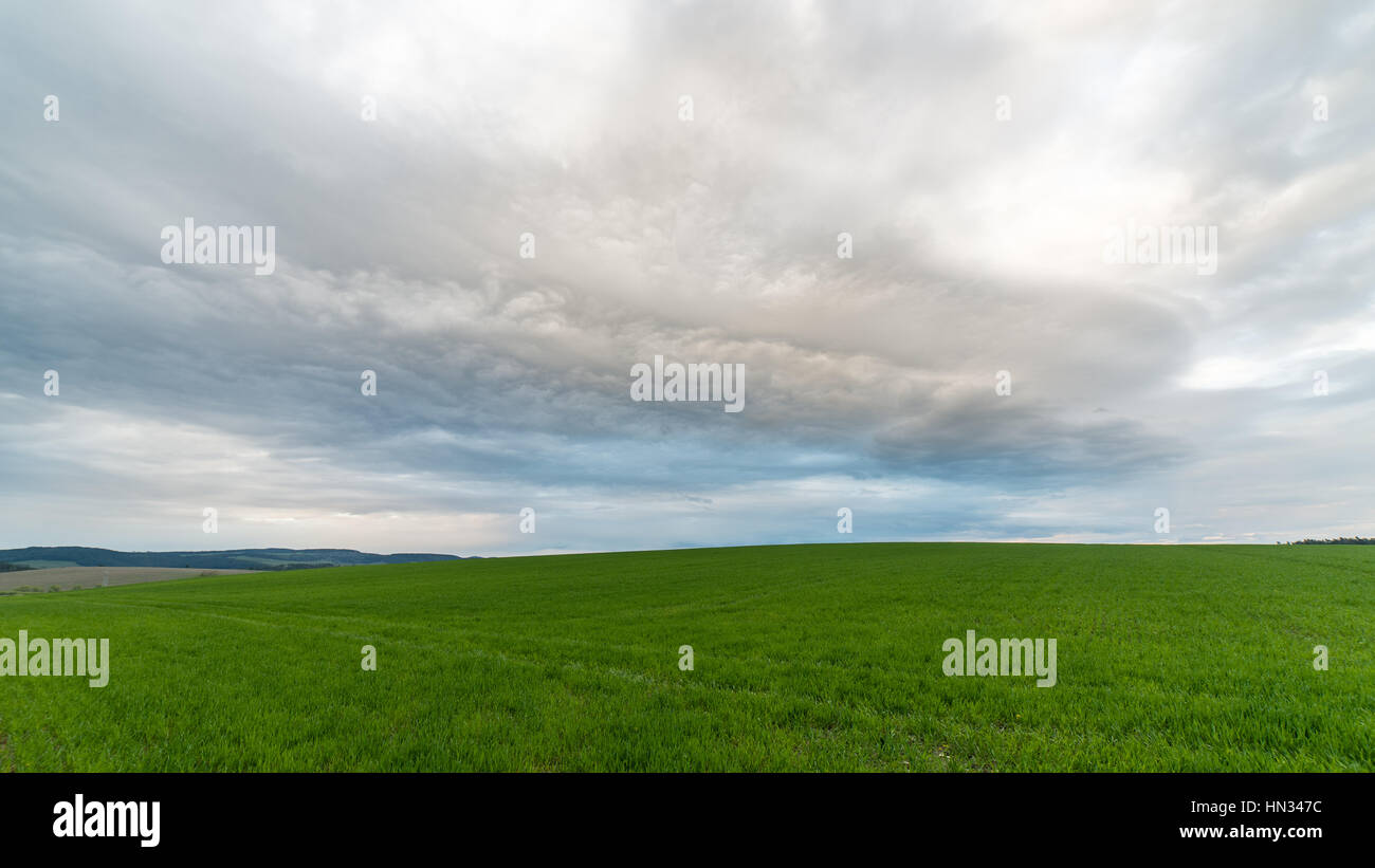 Dark storm clouds over meadow with green grass and mountains in ...