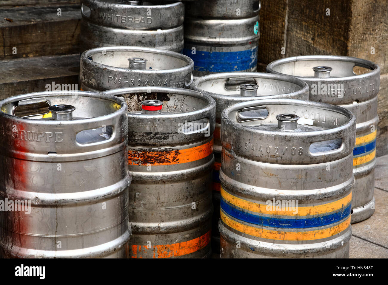 Aluminium beer real ale,lager kegs (barrels) stacked on the pavement Stock Photo: 133449592 - Alamy