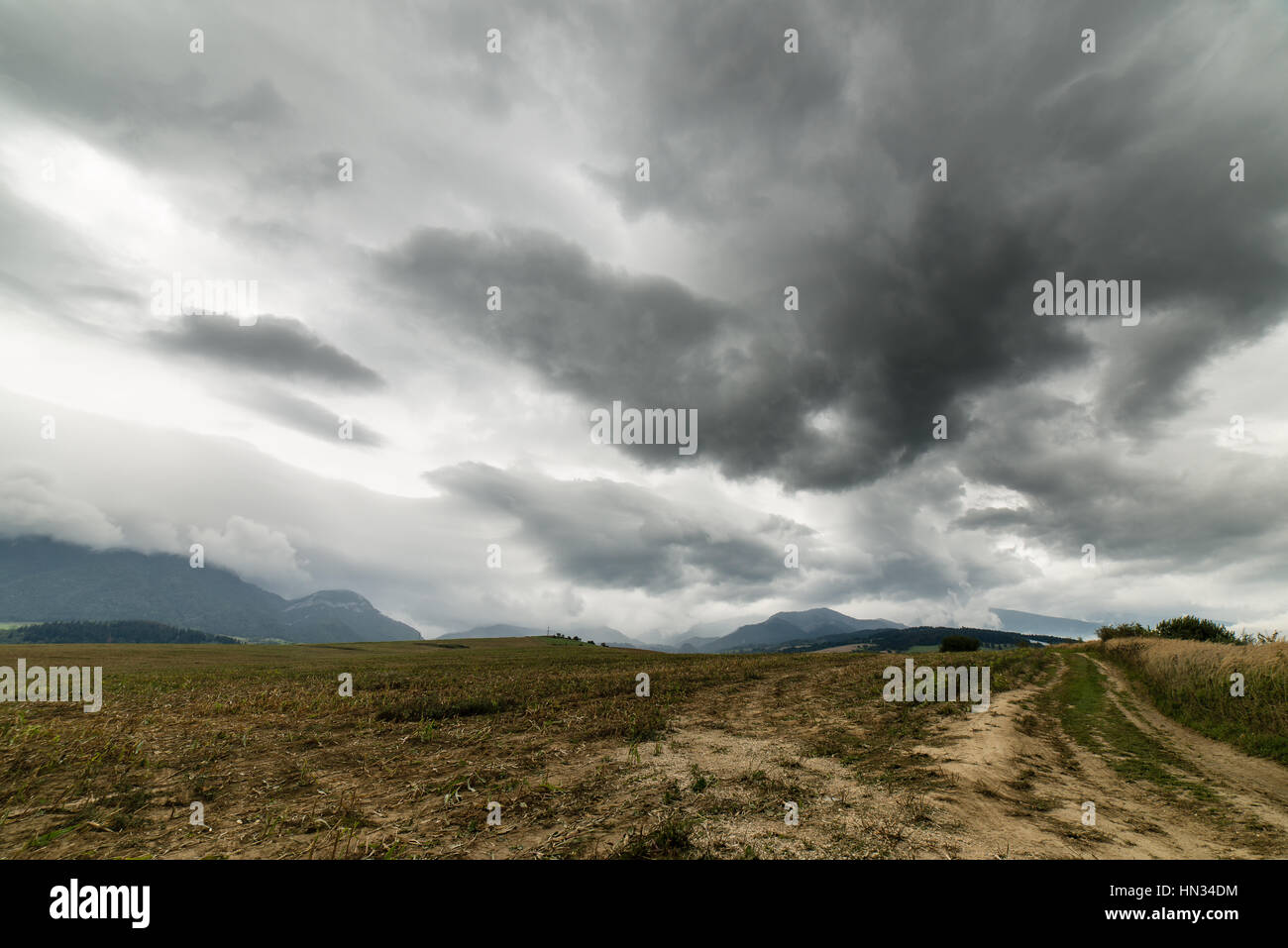Dark storm clouds over meadow with green grass and mountains in ...