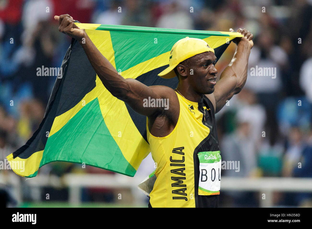 Rio de Janeiro, Brazil. 14 August 2016.  Athletics, Usian Bolt (JAM)  wins the gold in the men's 100m final at the 2016 Olympic Summer Games. ©Paul J. Stock Photo