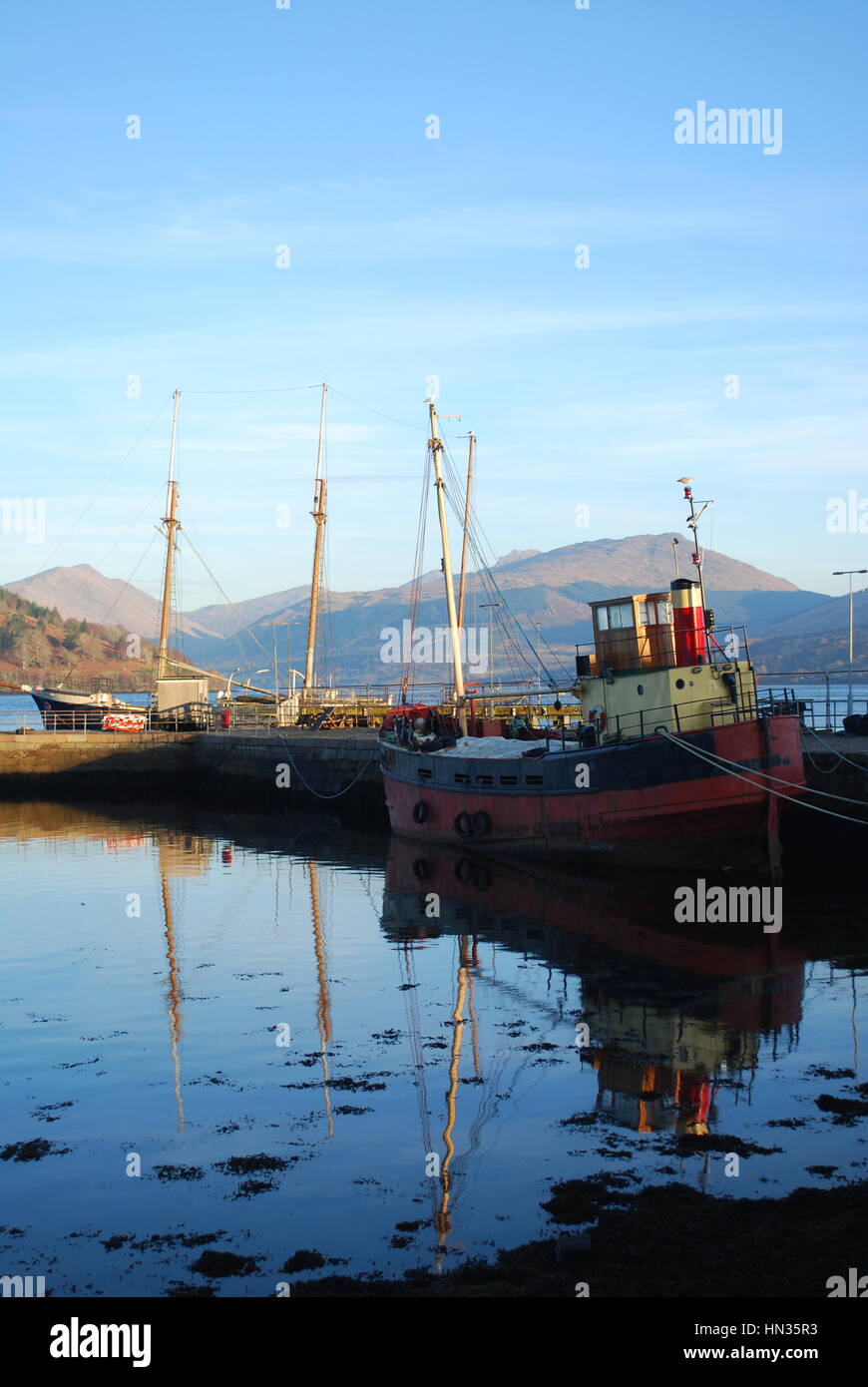 Fishing boats on Loch Fyne, at Inverary harbour, Stock Photo