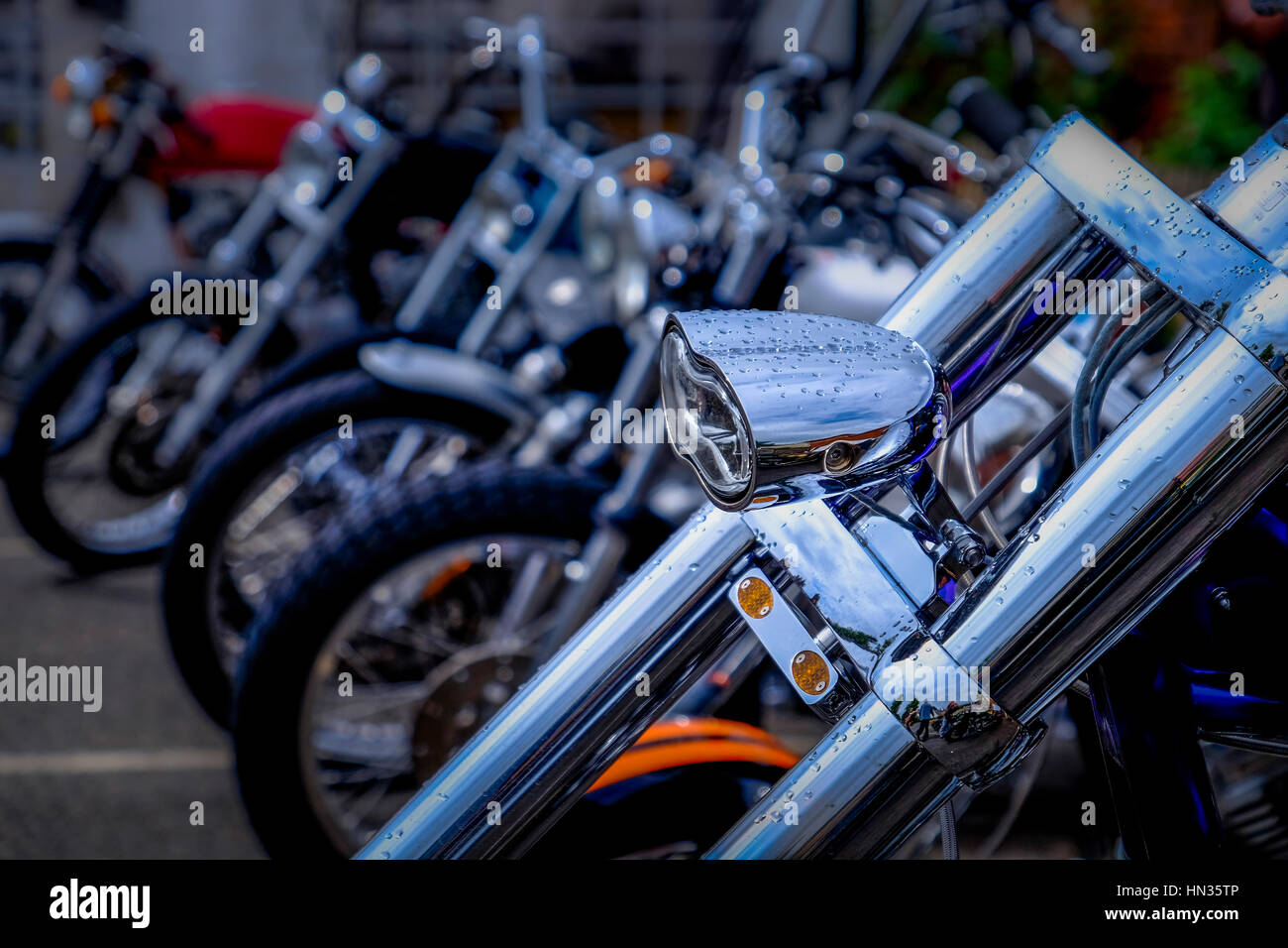 Motorcycles parked at a bikers event. Stock Photo
