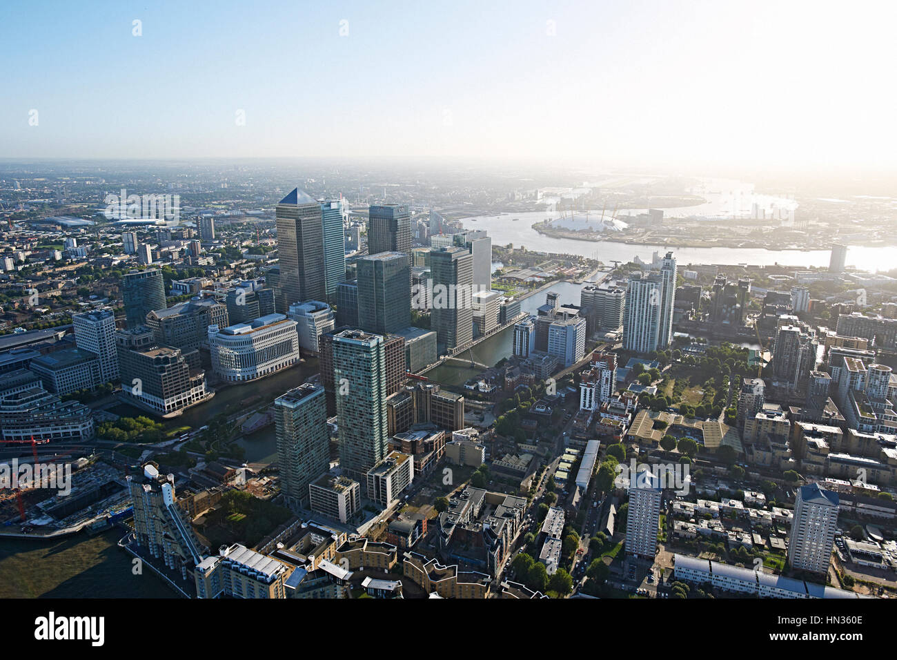 Aerial shot of Docklands Canary Wharf from Limehouse looking towards ...
