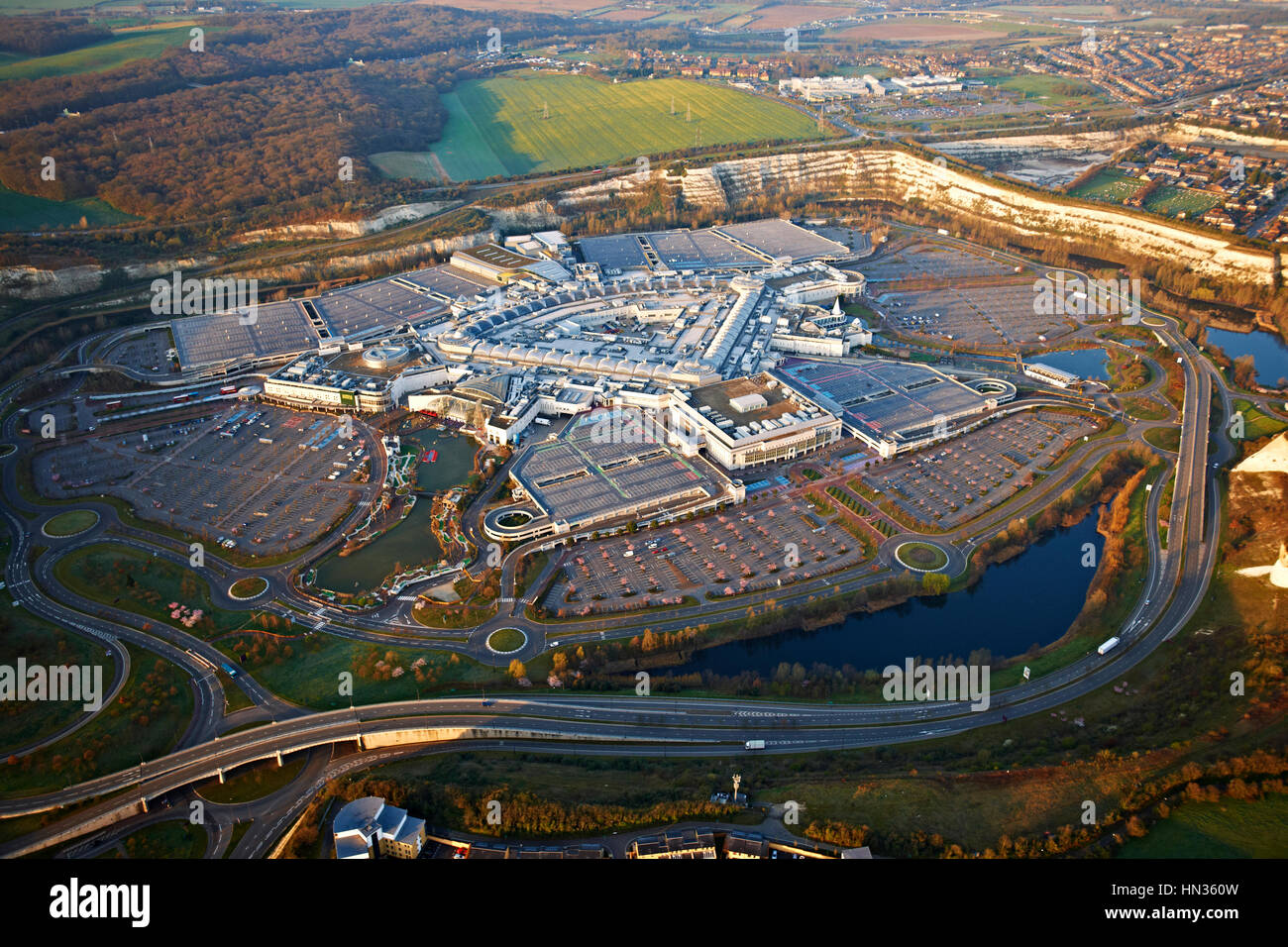 Aerial shot of Bluewater shopping centre in Kent. Stock Photo