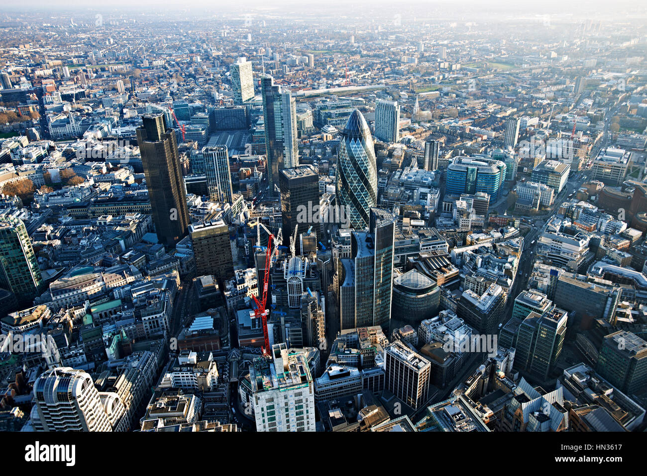 Aerial view of the city of London showing the Gherkin and Lloyds of London. Stock Photo