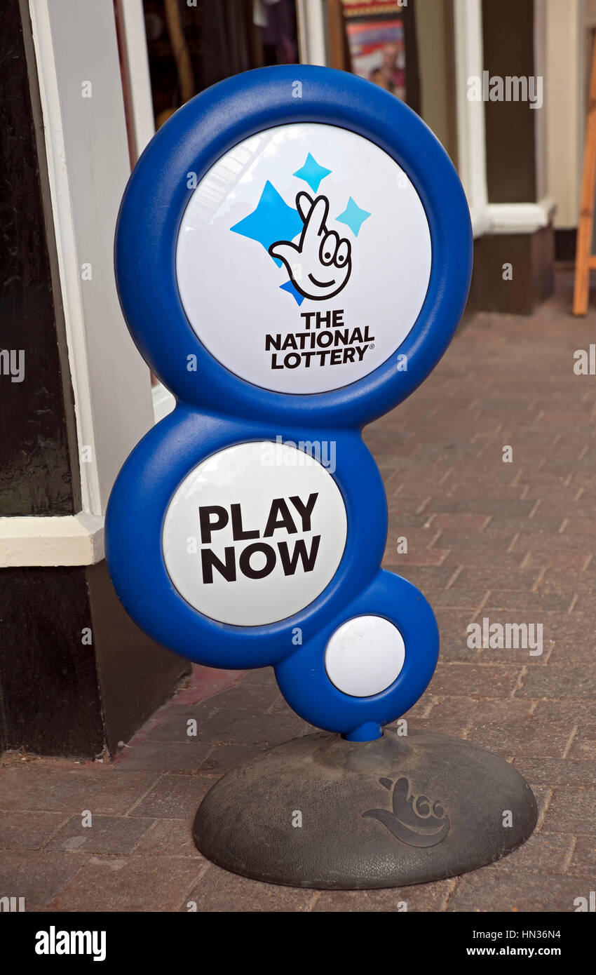 National lottery sign outside shop. Stock Photo