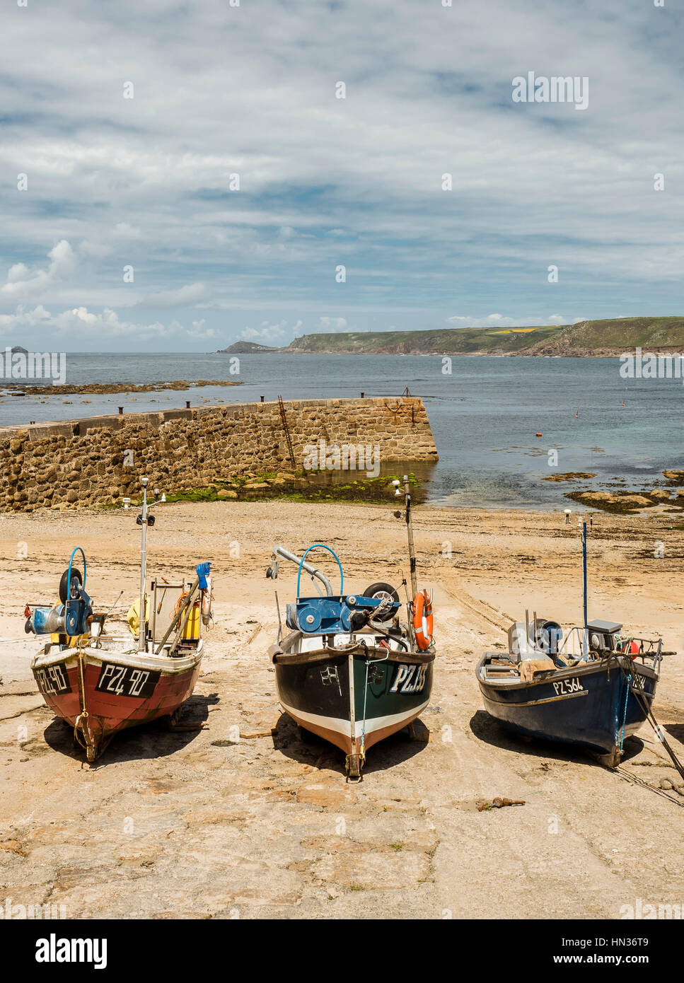 Three small fishing boats in the harbour at Sennen Cove Stock Photo - Alamy
