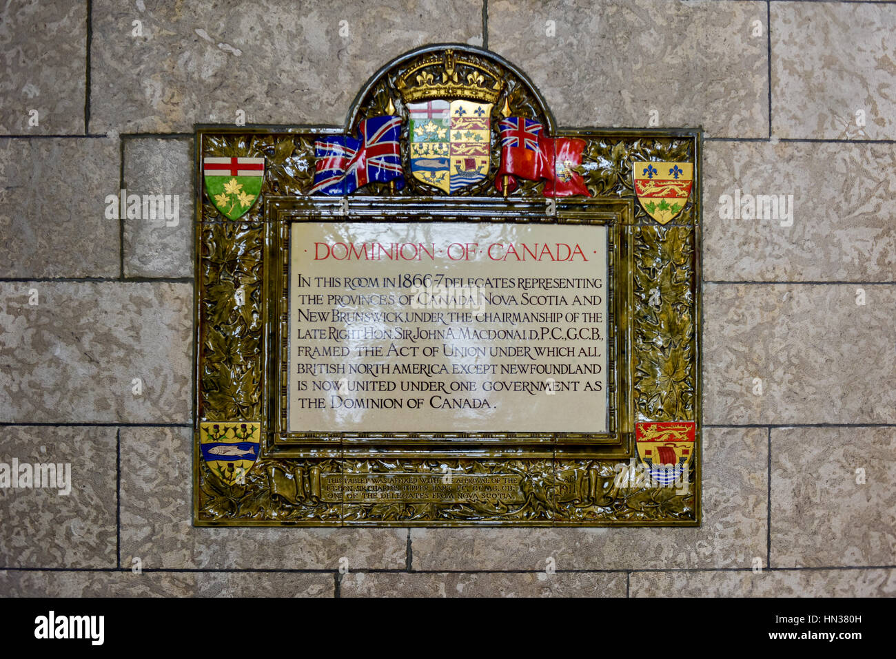 Dominion of Canada Plaque in the Parliament of Canada, Ottawa. Stock Photo
