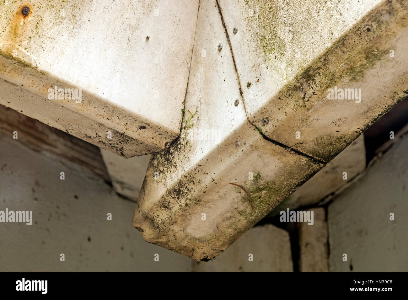 Close up view of old  mouldy neglected and grungy facia boards in need of maintenance Stock Photo