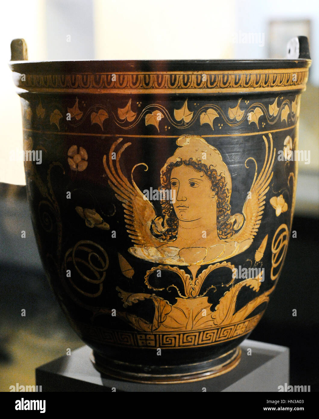 Situla (bucket) with decoration depicting Adonis emerging from a flowering plant shoot. Made in Puglia. From Ruvo di Puglia. Painter of the Dublin Situlae. 350-340 BC. Jatta National Archaeological Museum. Ruvo di Puglia. Italy. Stock Photo