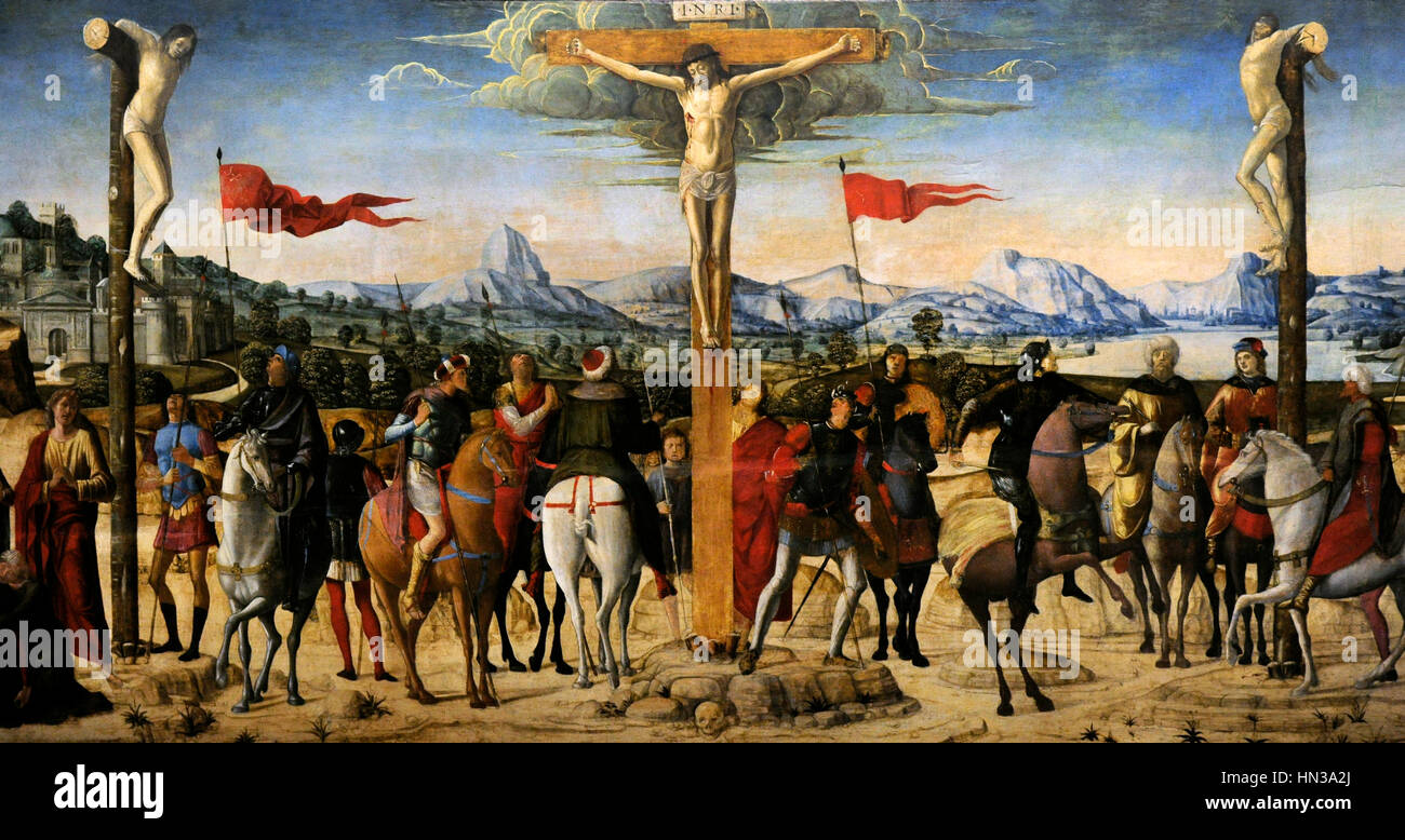 Unknown painter of Verona, active in the last quarter of 15th century. Crucifixion, 1490-93. Renaissance. Museo di Capodimonte. Naples, Italy. Stock Photo