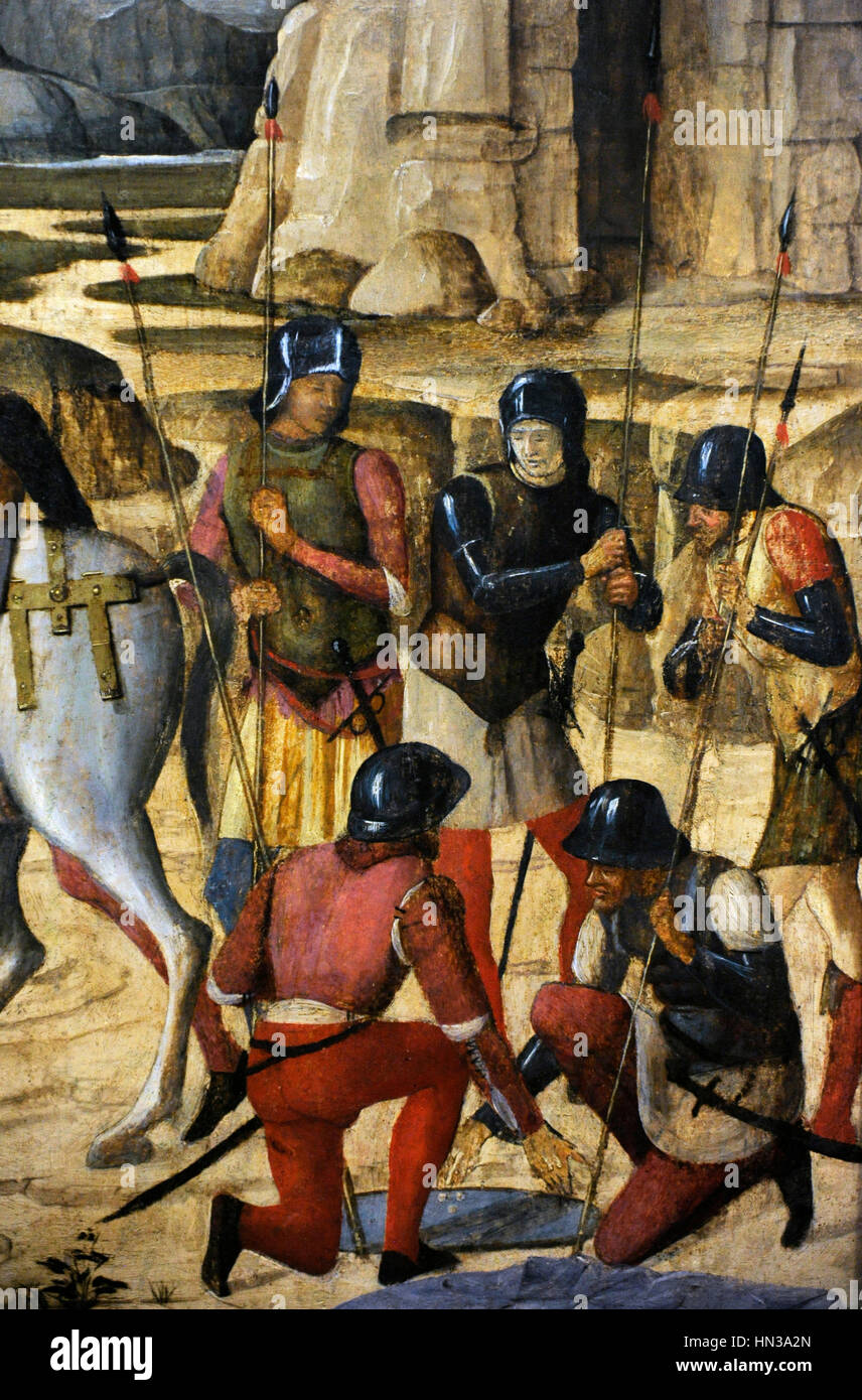 Unknown painter of Verona, active in the last quarter of 15th century. Crucifixion, 1490-93. Renaissance. Detail: The soldiers cast lots for Jesus' garments. Museo di Capodimonte. Naples, Italy. Stock Photo