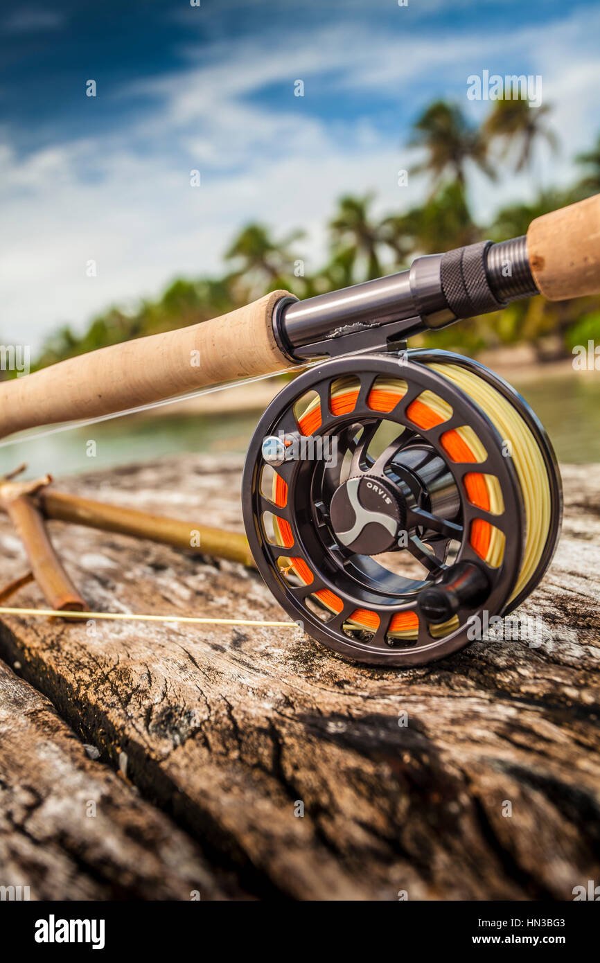 An Orvis fly-fishing rod on a dock by saltwater fishing area Stock Photo -  Alamy