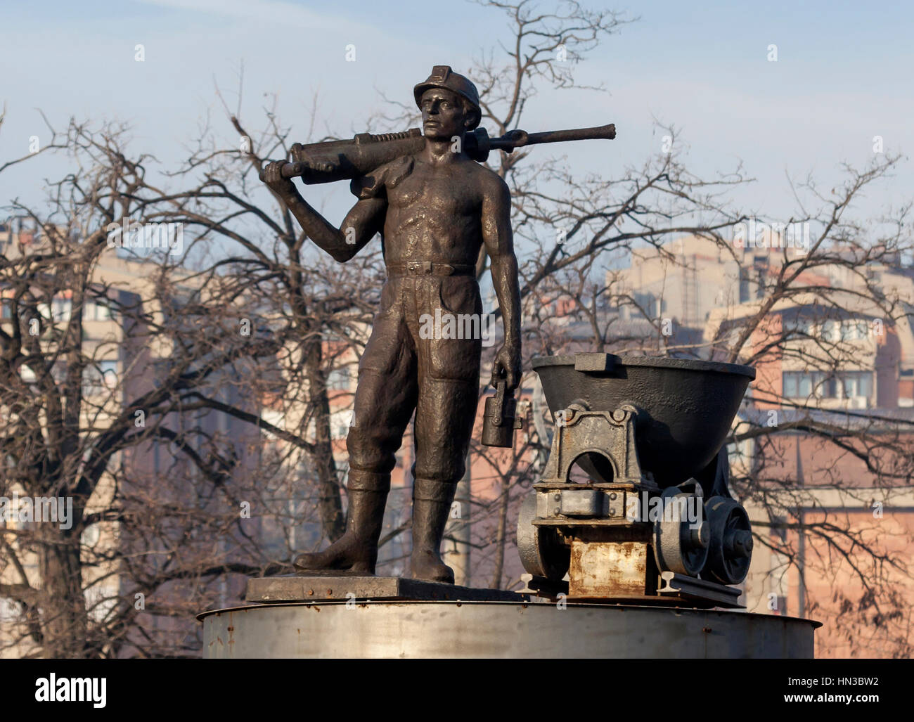 Bor, Serbia,- December 12, 2015: Monument to the miner at the entrance to the mining town Stock Photo