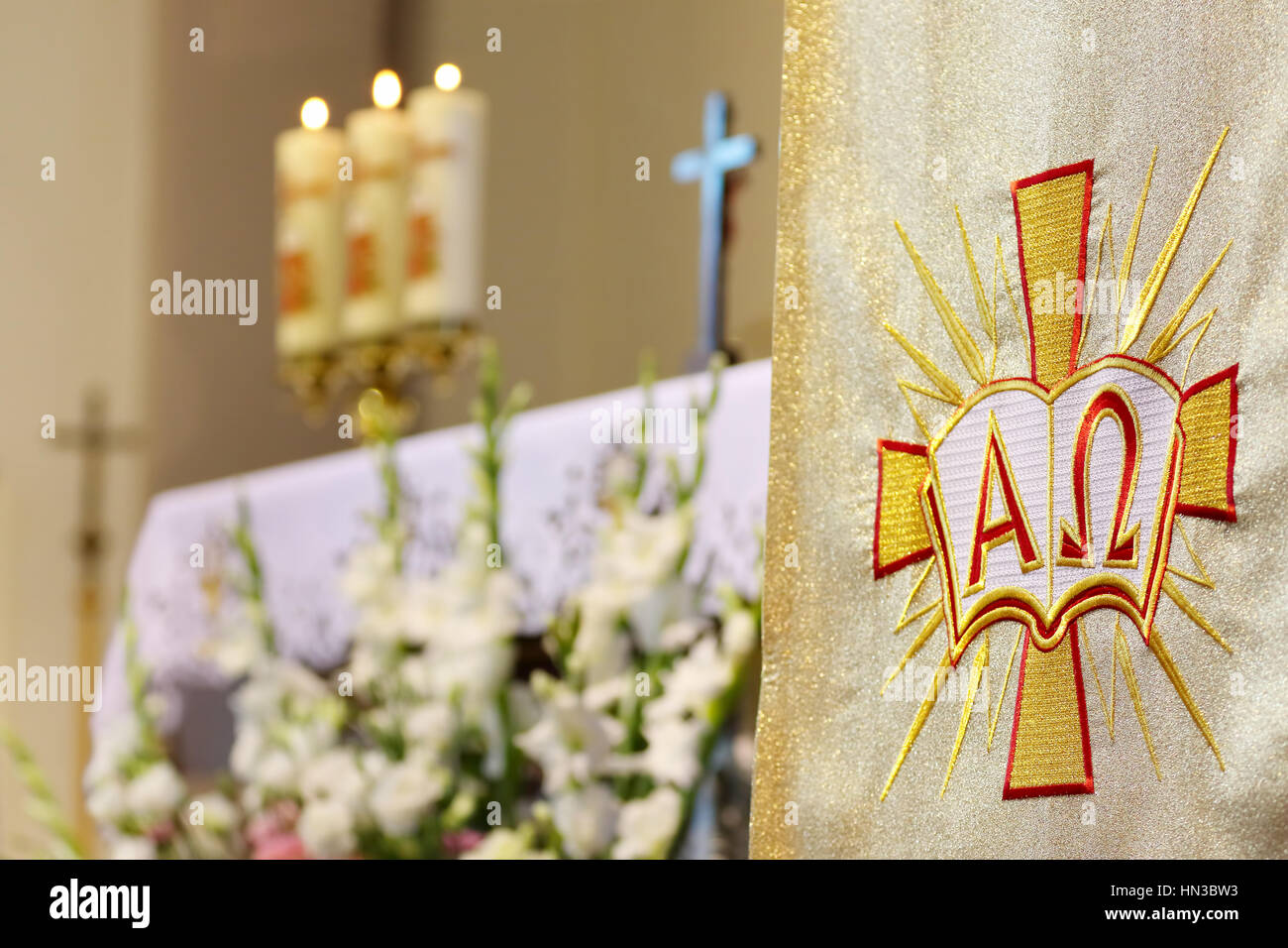 Decoration flowers in the church before wedding ceremony with space for