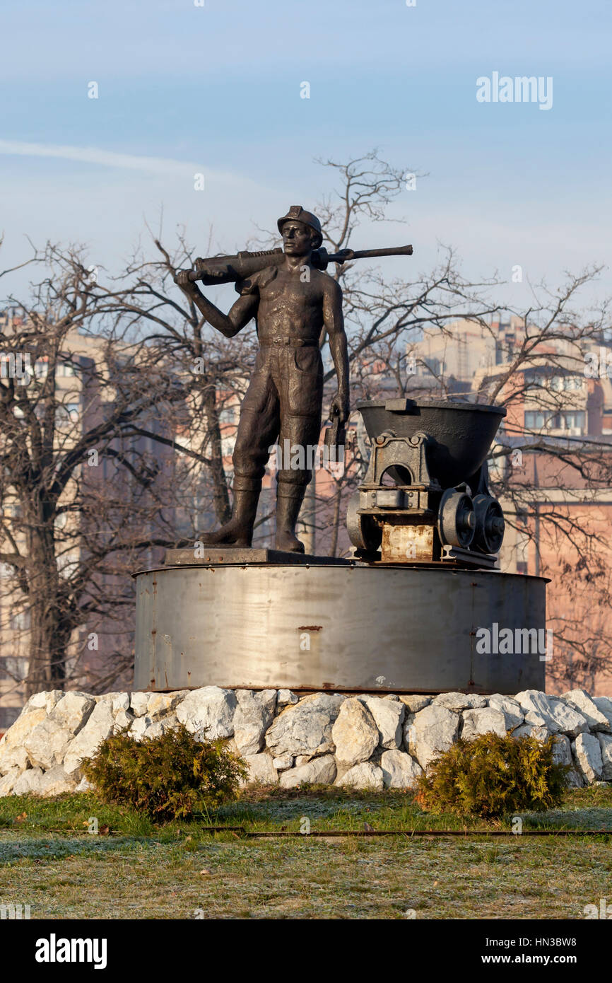 Bor, Serbia,- December 12, 2015: Monument to the miner at the entrance to the mining town Stock Photo