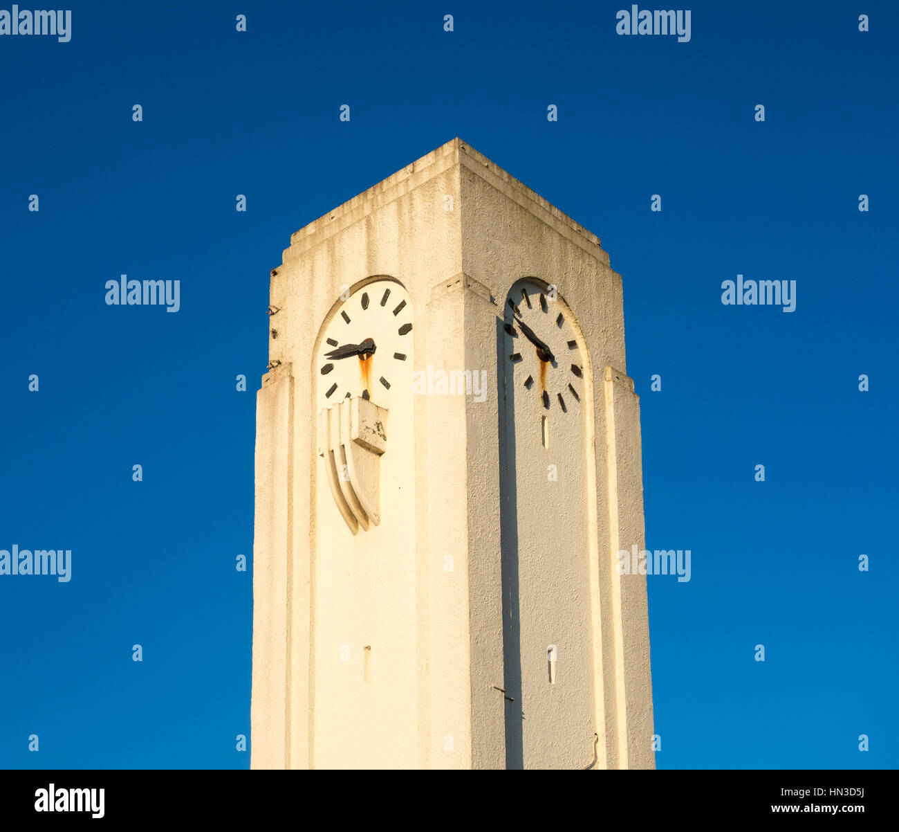 Clock tower on grade 11 listed Art Deco bus station at Seaton Carew