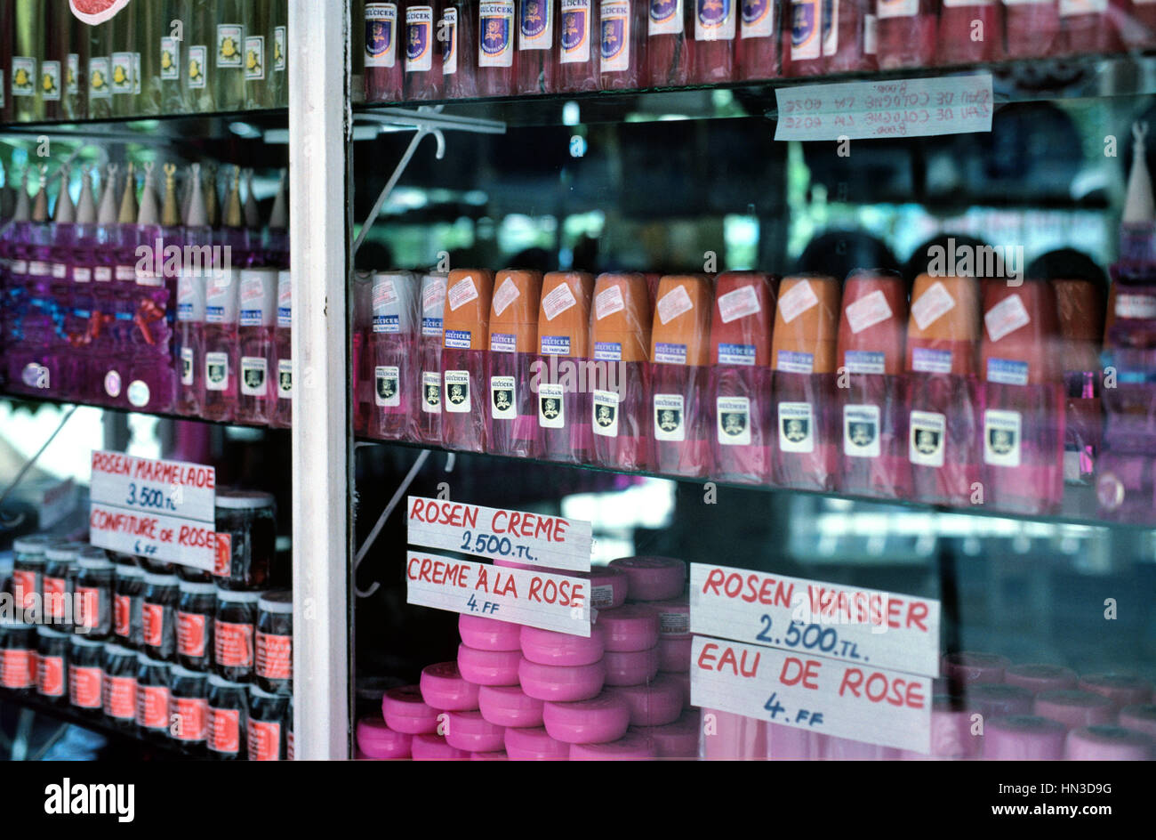 Shop Window Display Or Shop Selling Rose Water And Rose Cream Egirdir Or Egridir Turkey Stock Photo Alamy