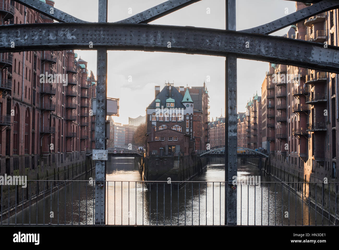 buildings and channel in the old warehouse district in Hamburg, Germany Stock Photo