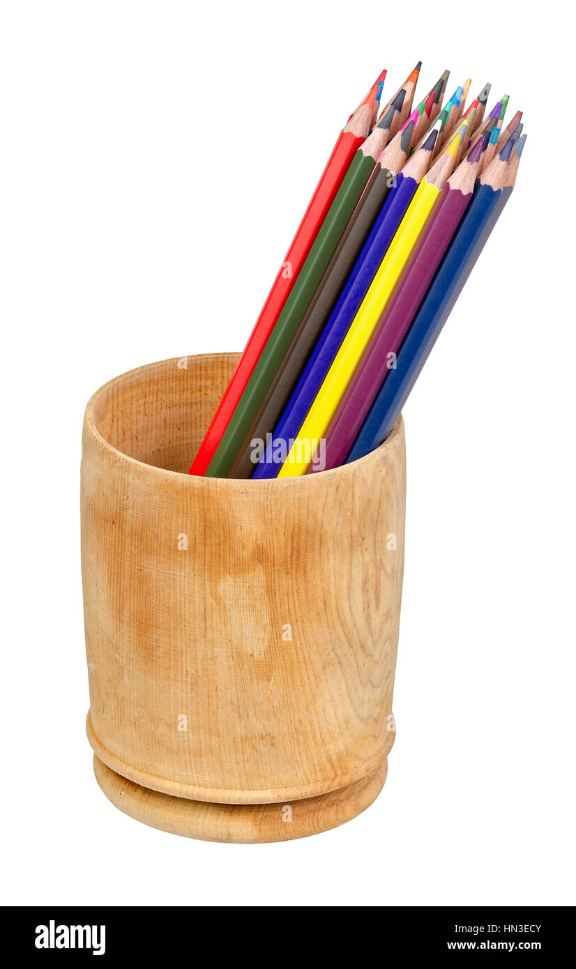 colored pencils in pencil box isolated on white background Stock Photo