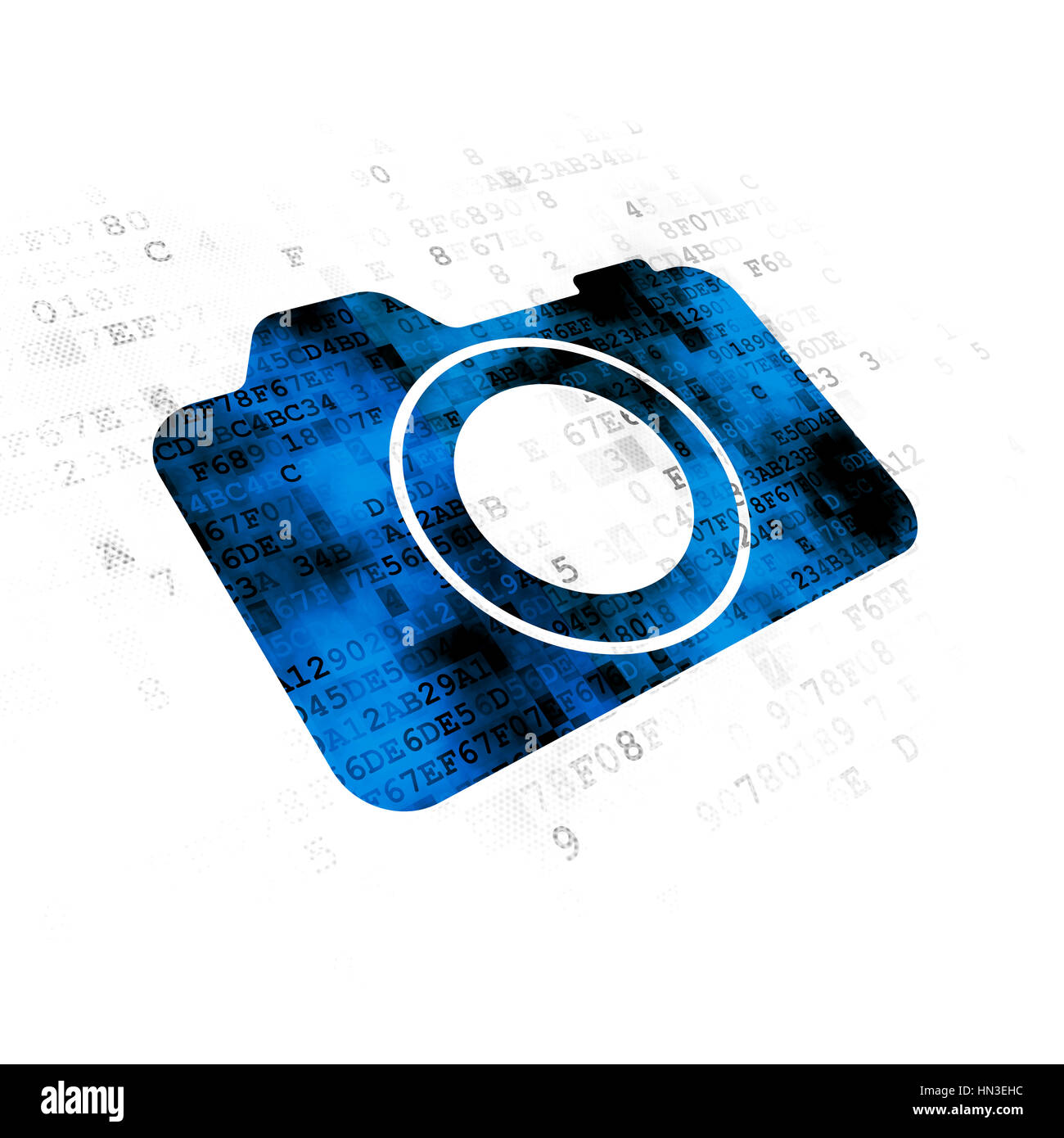 Vacation concept: Pixelated blue Photo Camera icon on Digital background Stock Photo