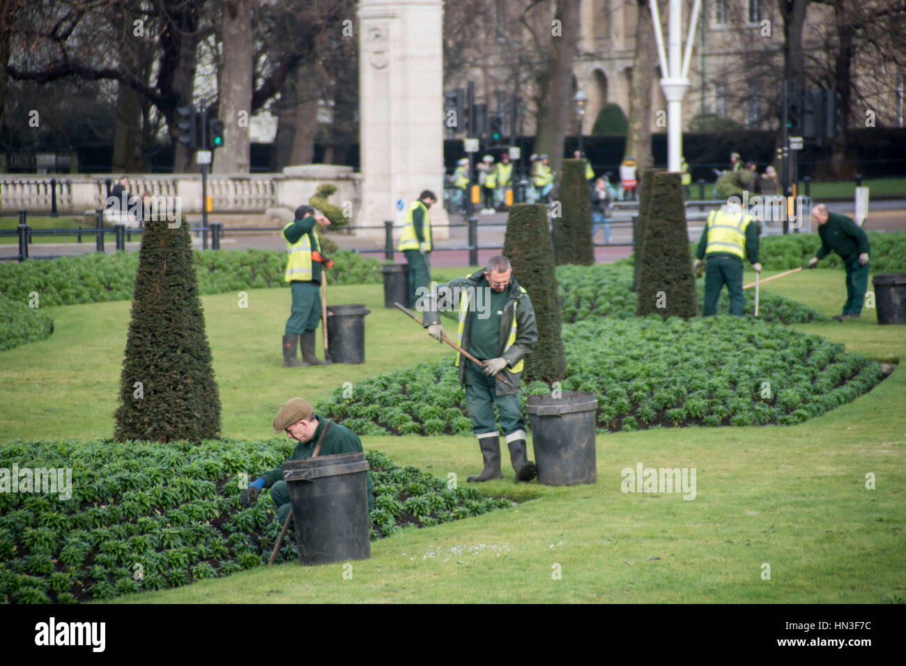 London, UK. 07th Feb, 2017. General view of Buckingham Palace, the London residence and administrative headquarters of the reigning monarch of the United Kingdom. Several gardeners prepare the flowers outside The Palace, ready fhe bloom in spring. Credit: Alberto Pezzali/Pacific Press/Alamy Live News Stock Photo