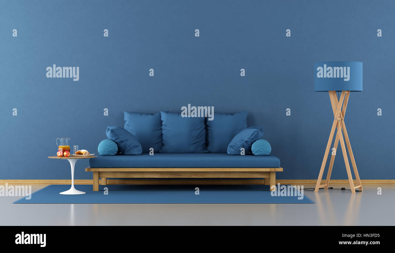 Blue modern living room with wooden sofa with cushion - 3d rendering ...