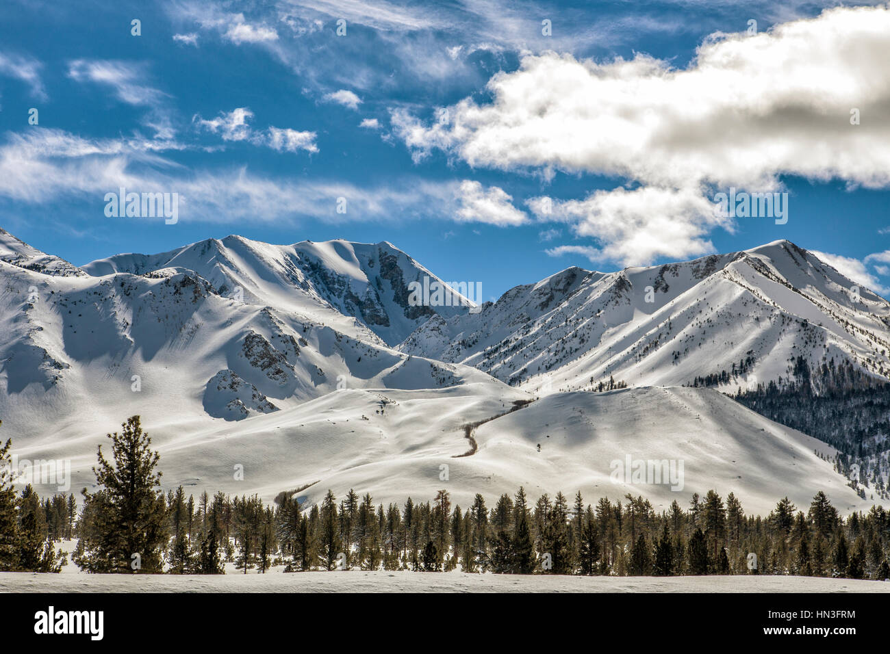 Snowy Road in Sierra Nevada, California Stock Photo