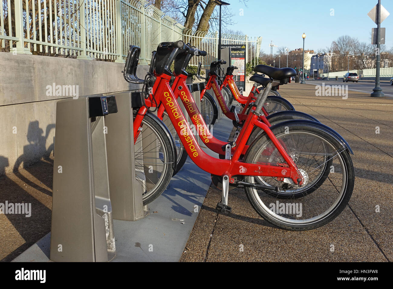 Bikes await riders, Capital Bike Share, popular bike sharing program in Washington, DC near Woodley Park and Adams Morgan. Stock Photo