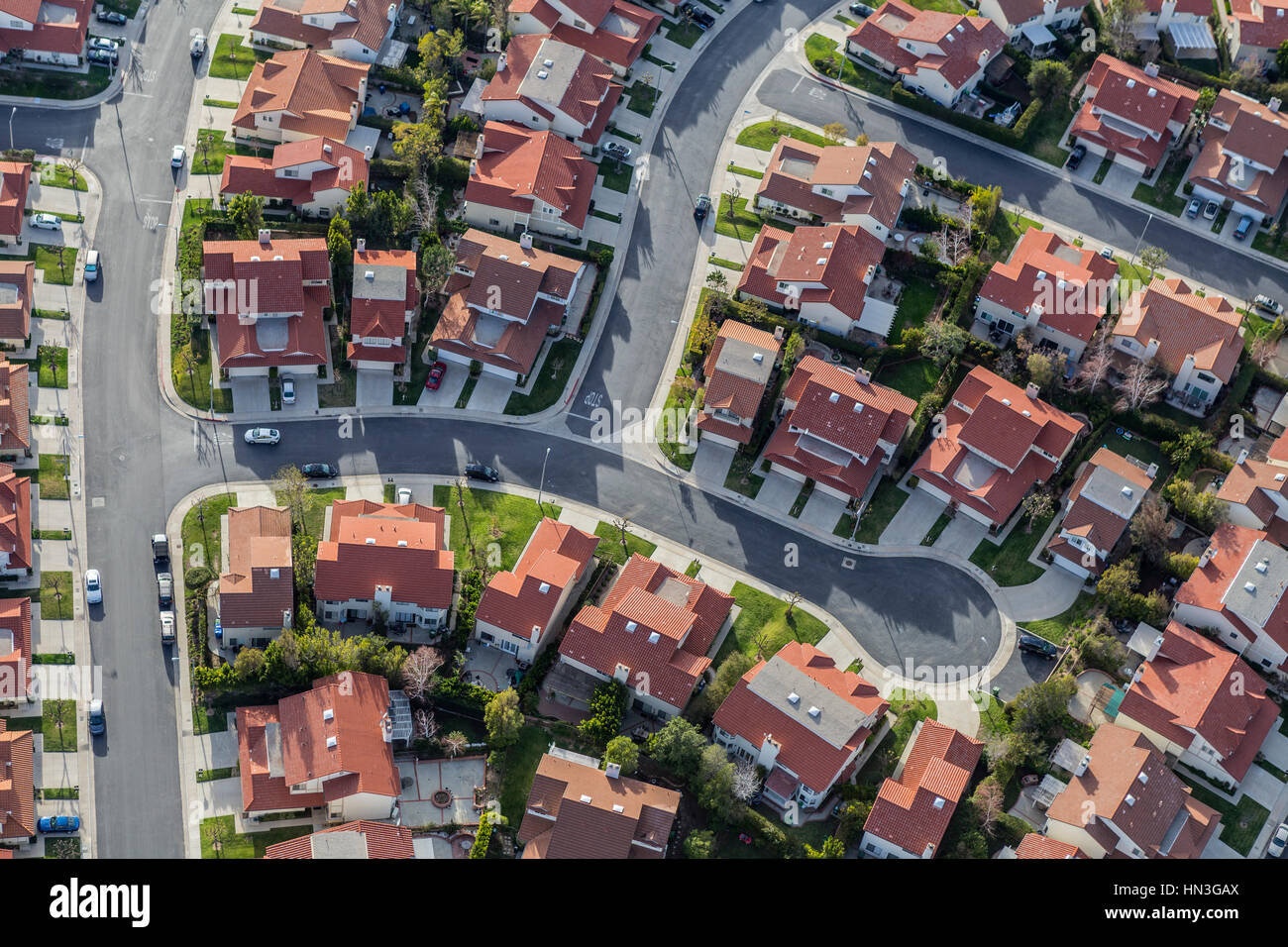 Aerial view of typical suburban cul de sac street in the San Fernando