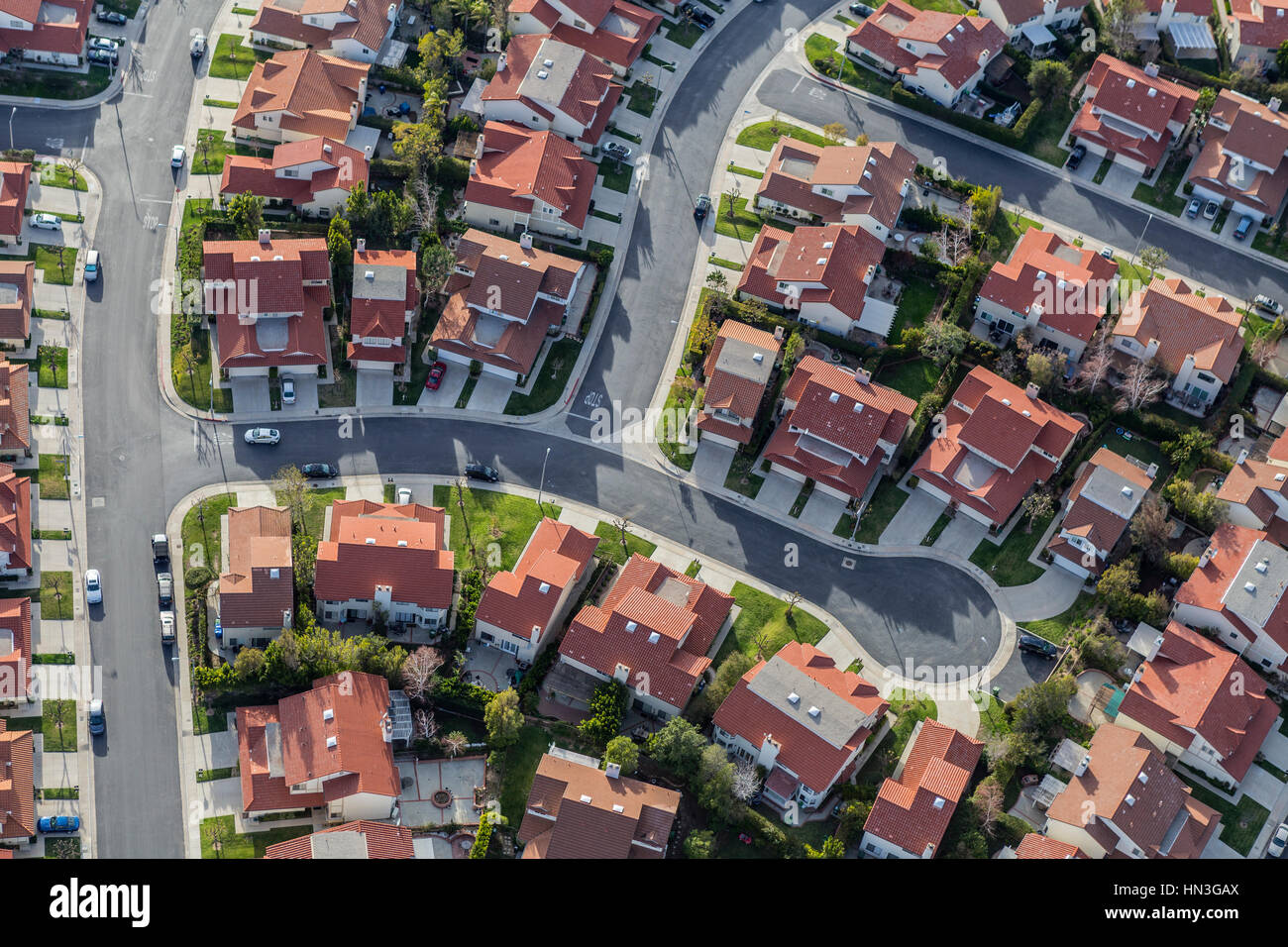 Aerial view of typical suburban cul de sac street in the San Fernando Valley region of Southern California. Stock Photo