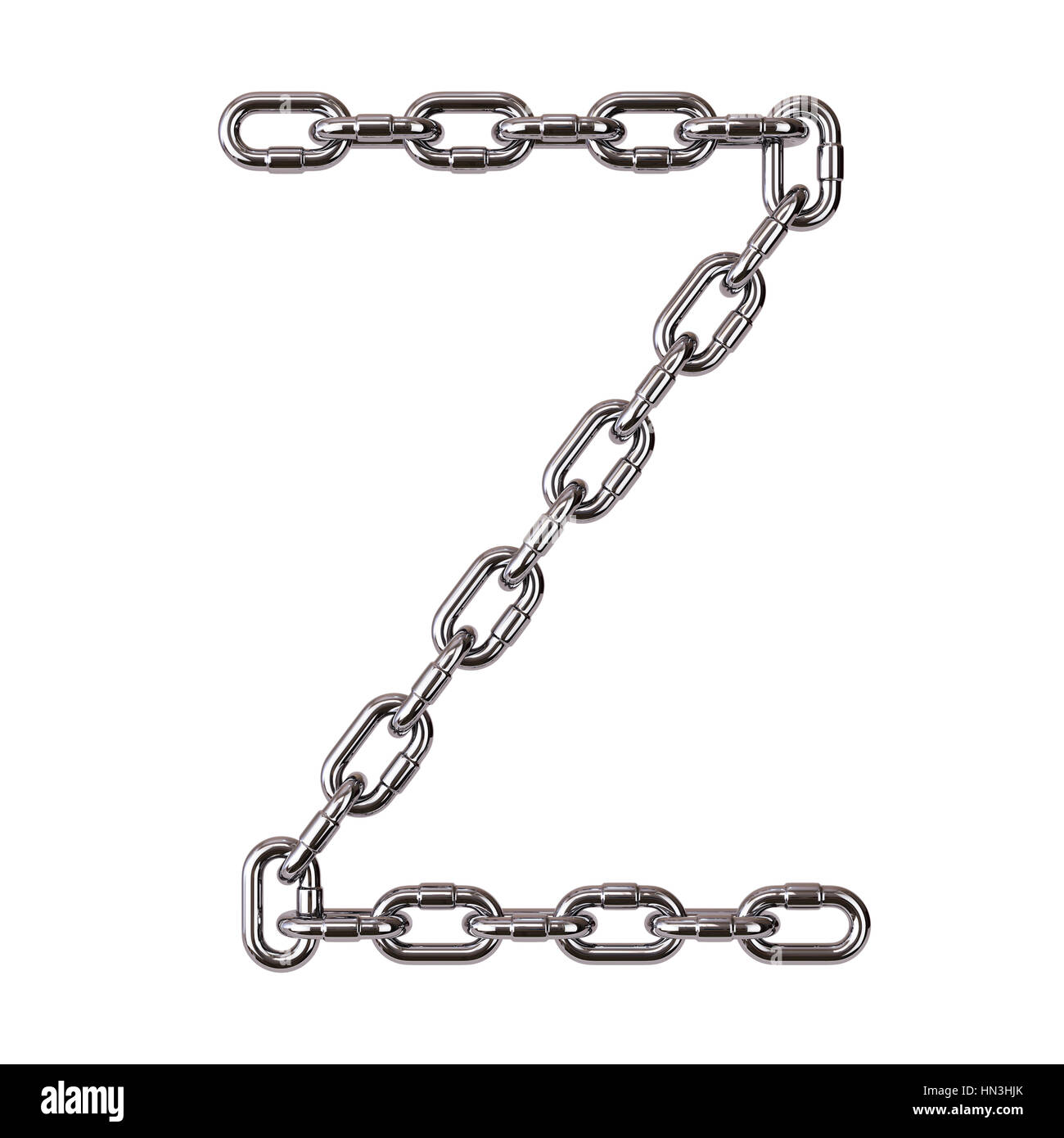 Font Z chrome metal alphabet letter chain. Isolated on white background. 3d rendering Stock Photo