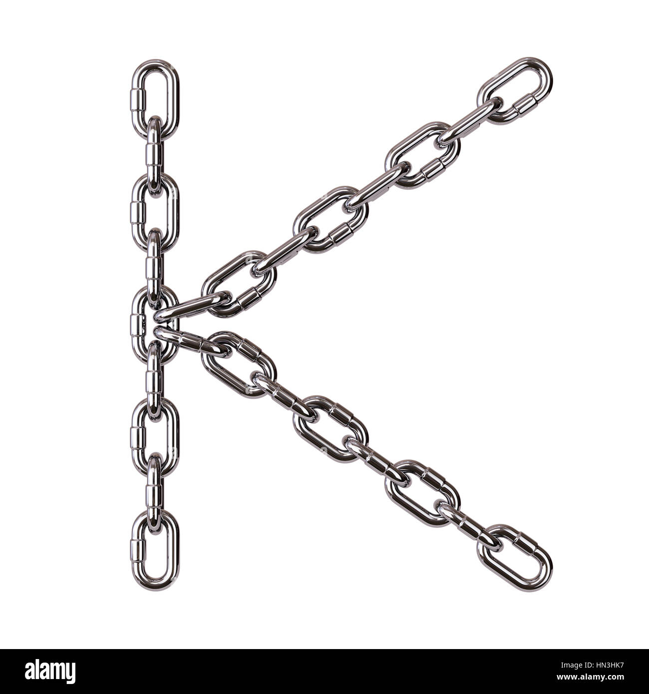 Font K chrome metal alphabet letter chain. Isolated on white background