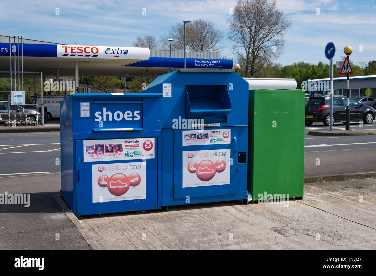 Recycling units in Tesco Car Park Stock Photo