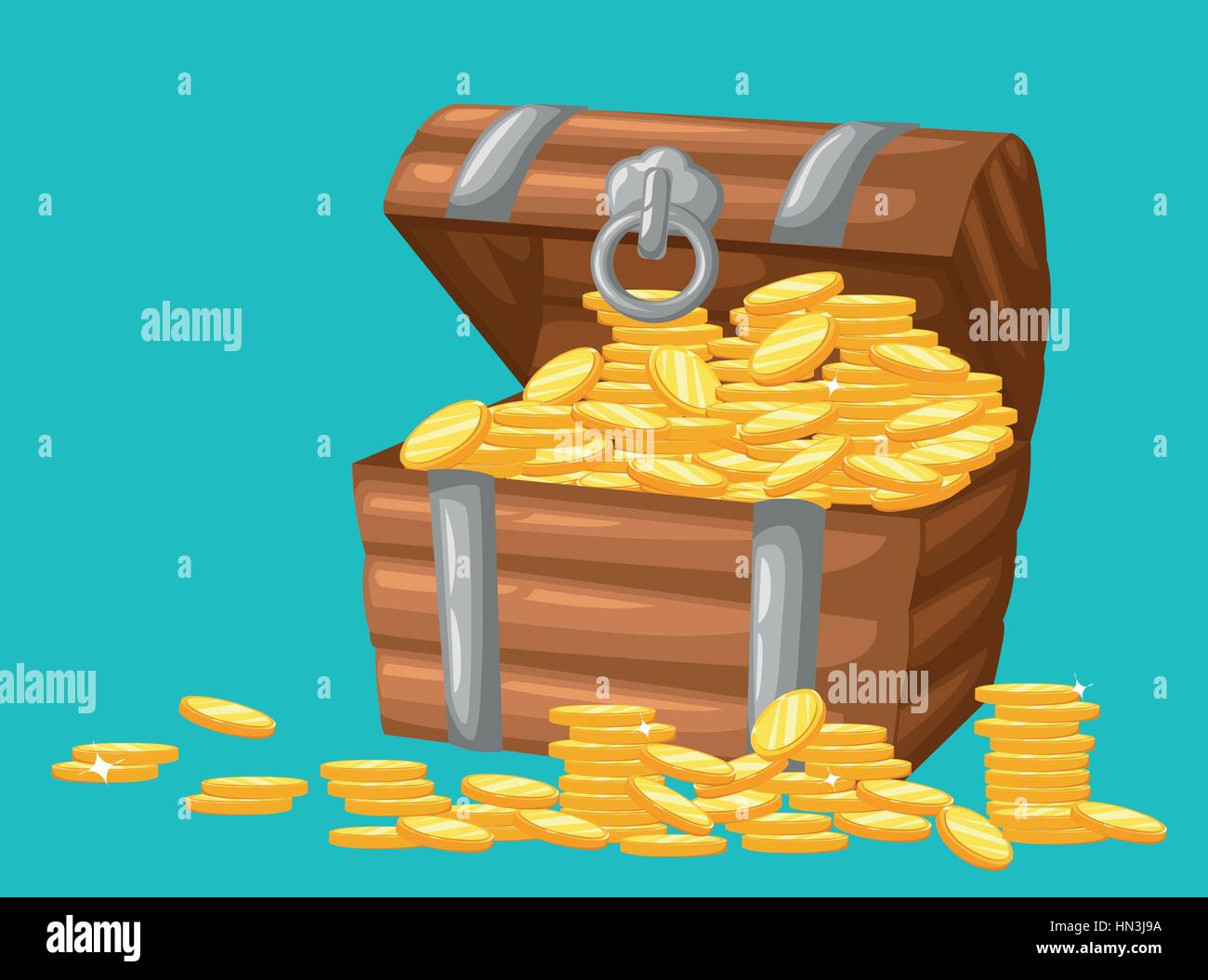 Vector illustration. treasure of gold coins on dark background Wooden Chest set for game interface money coin. Stock Vector