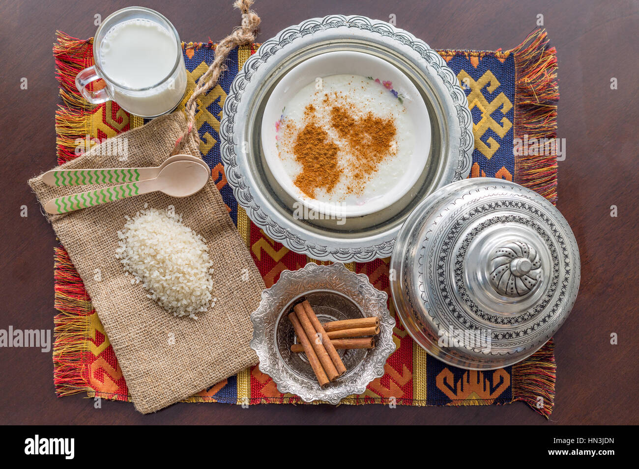 Rice pudding (sutlac) with milk, rice, cinnamon ingredients Stock Photo