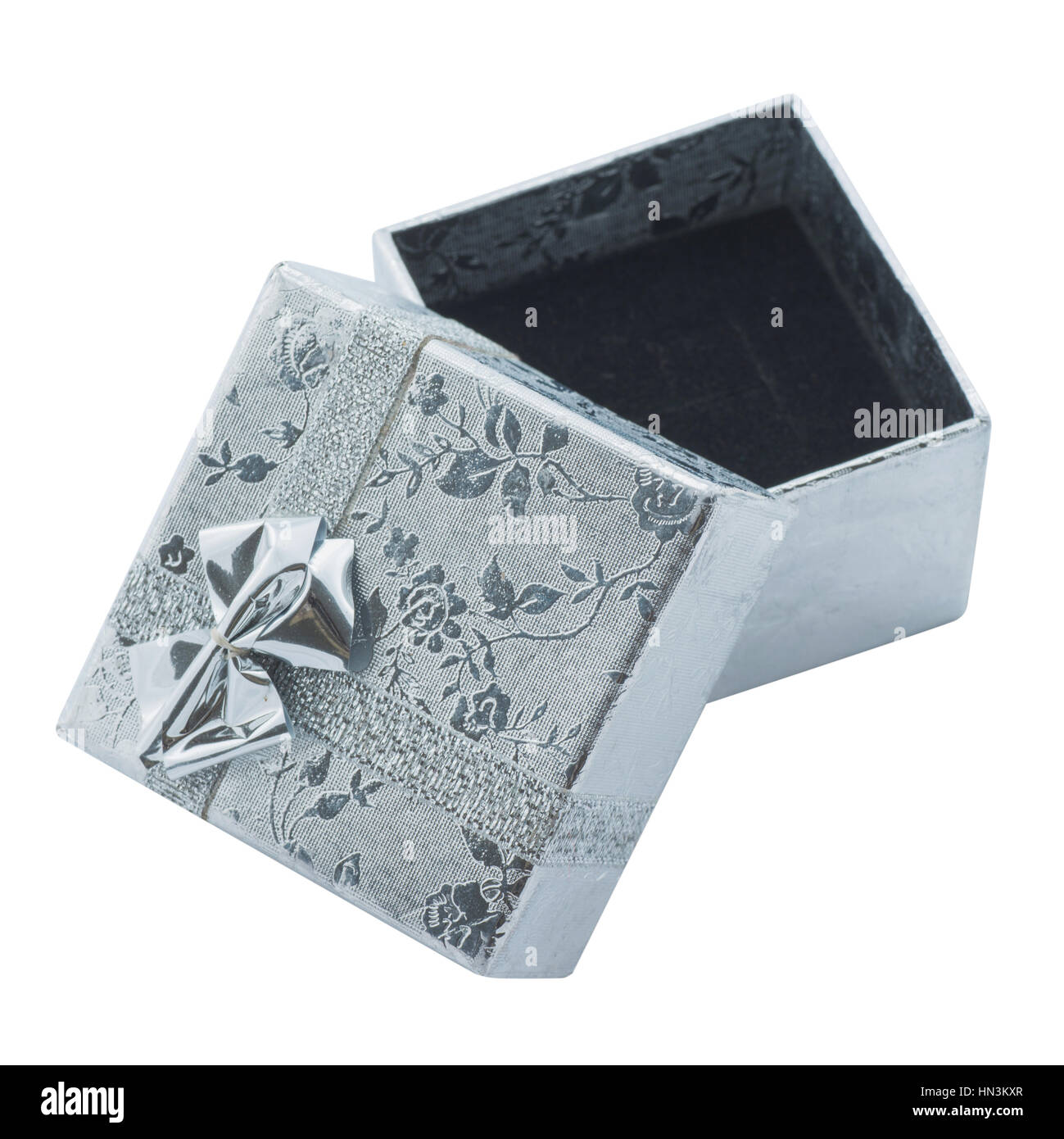 Gift box with silver ribbon bow isolated on white Stock Photo - Alamy
