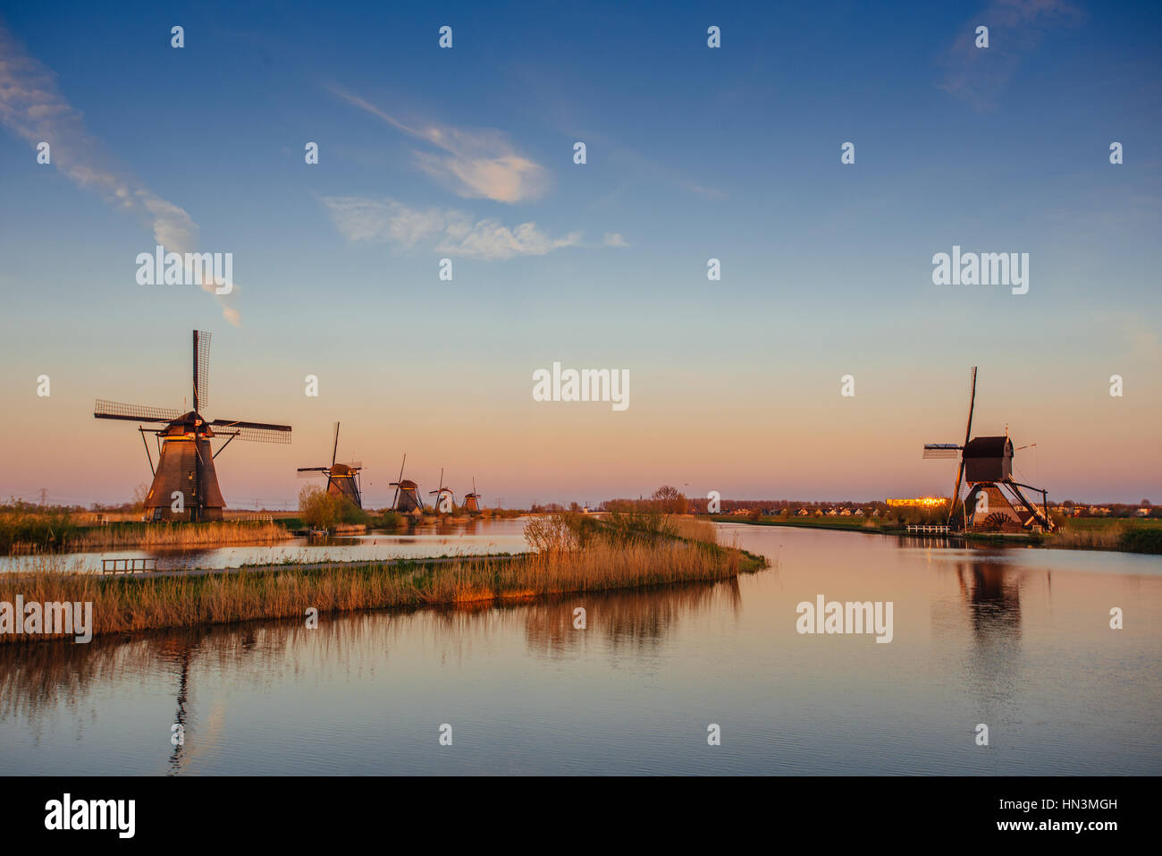 Traditional Dutch windmills from the channel Rotterdam. Stock Photo