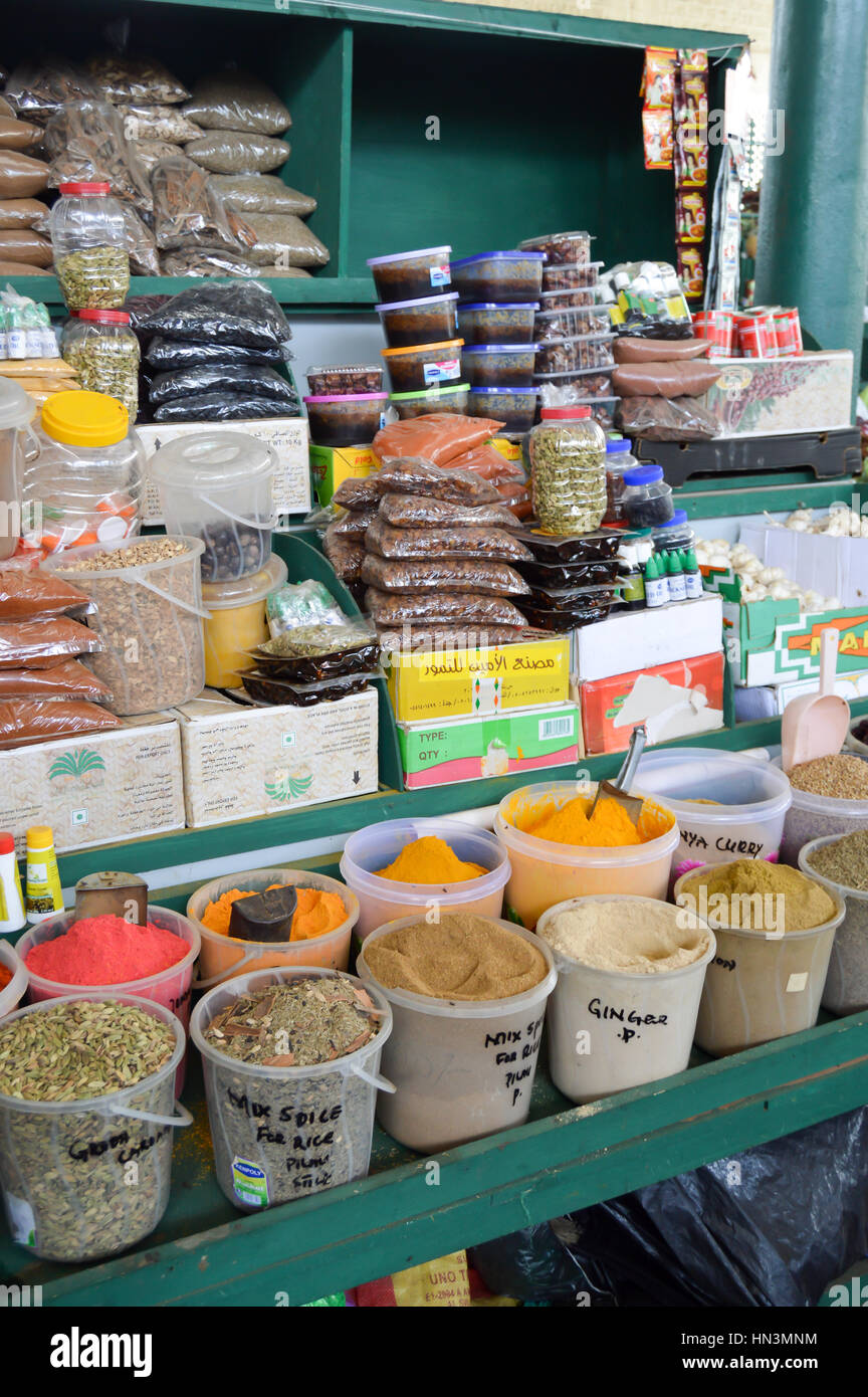 Display of dried fruit on the spice market in Mombasa, Kenya Stock