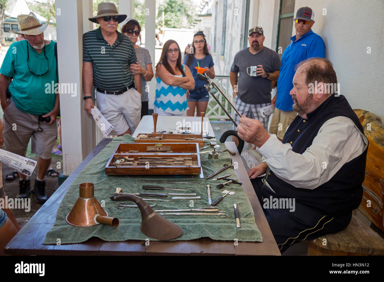 Fort Stanton, New Mexico - Dr. Robert Mallin displays civil war medical equipment at 'Fort Stanton Live!,' an annual living history program. Fort Stan Stock Photo