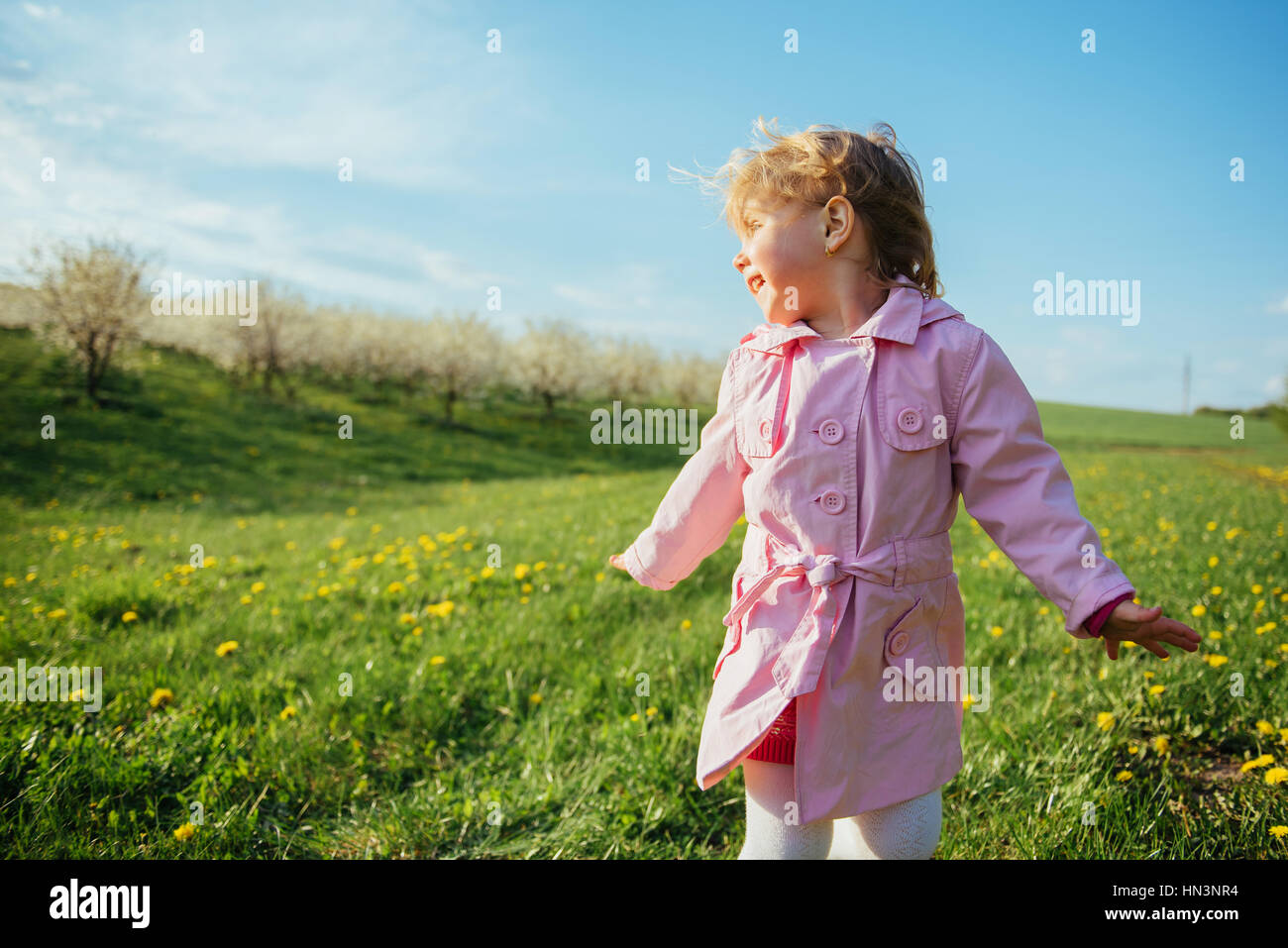 child plays on spring lawn. Stock Photo
