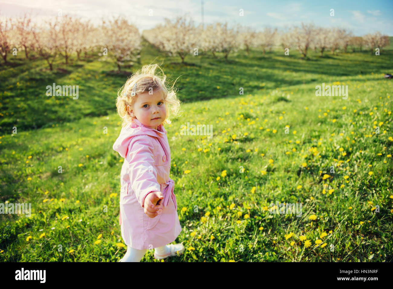 child plays on spring lawn. Stock Photo