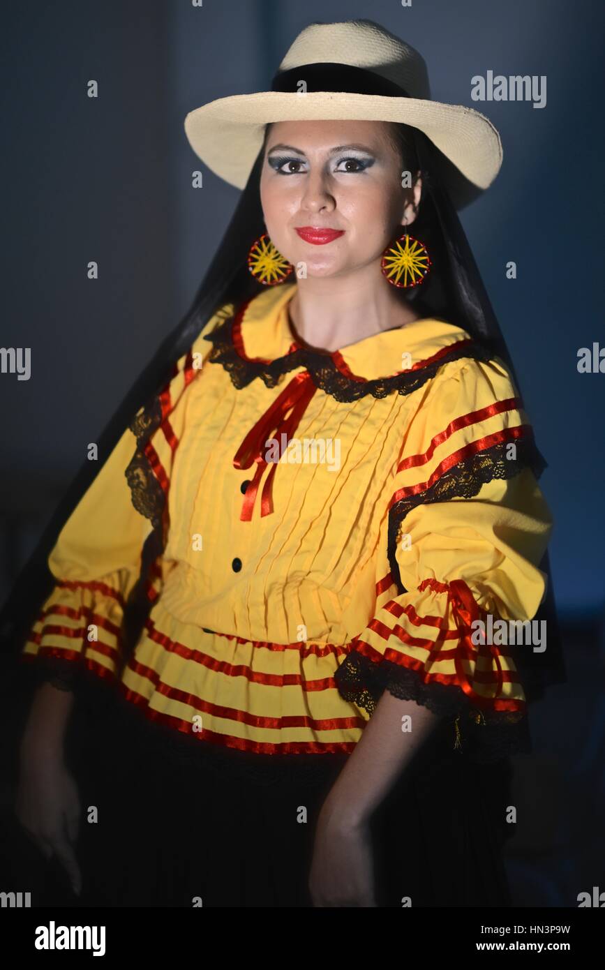 A woman wearing traditional attire from the Colombian region of Cundinamarca. Stock Photo