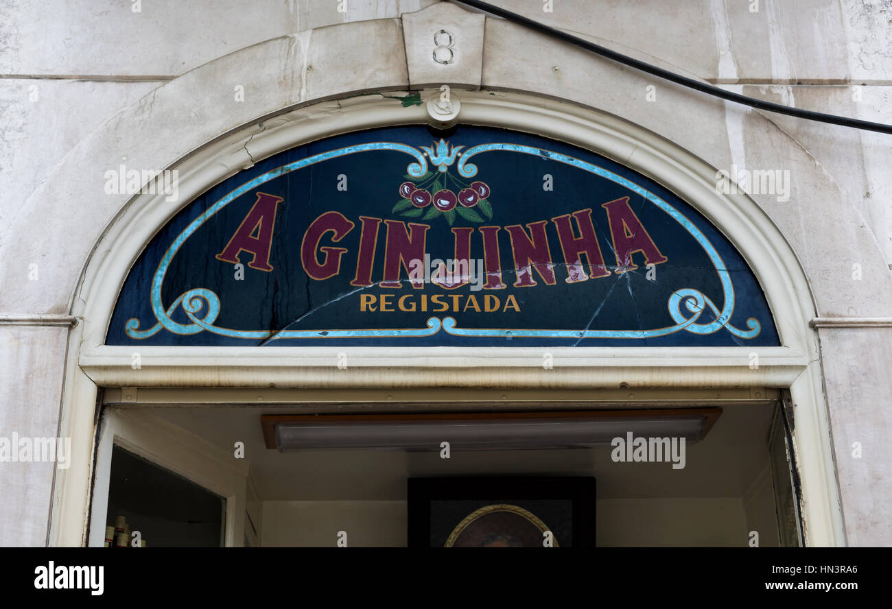 Illustrative editorial pic of the oldest and most famous establishment in Lisbon dedicated to sell Ginjinha, a type of Sour Cherry Brandy typical of t Stock Photo
