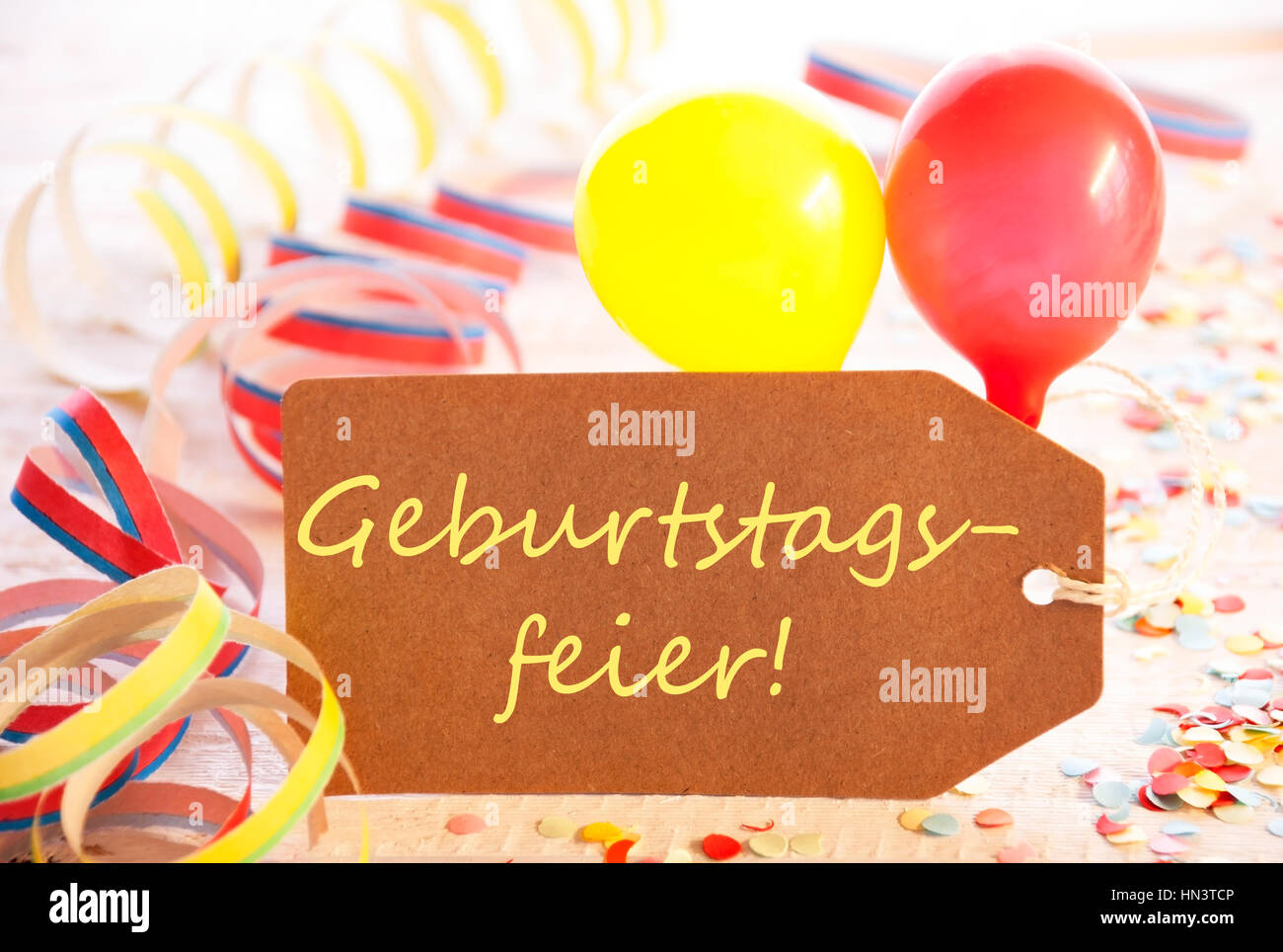 Label, Balloon, Streamer, Geburtstagsfeier Means Birthday Party Stock Photo