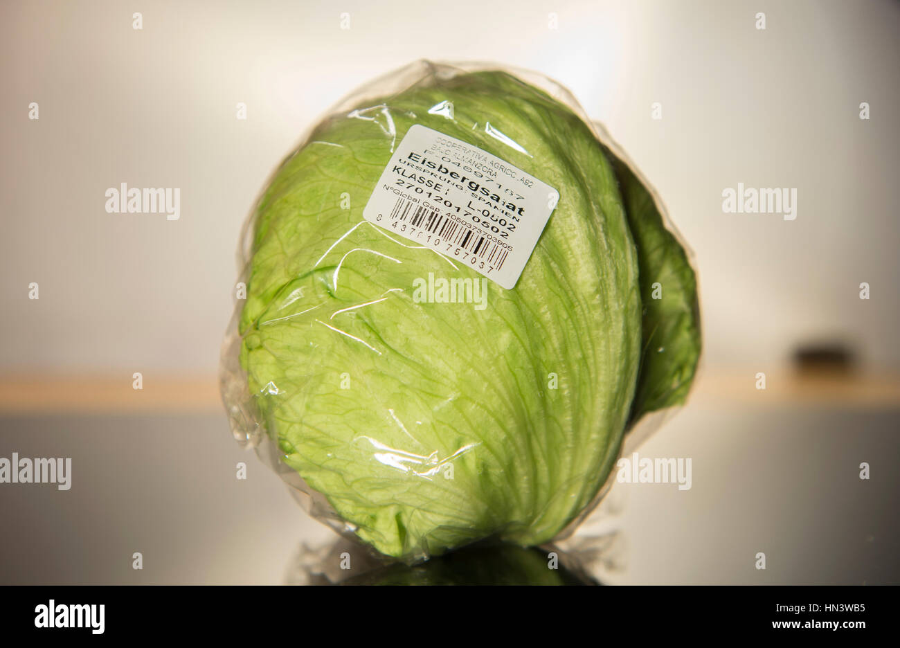 Berlin, Germany. 5th Feb, 2017. A packaged iceberg lettuce from Spain