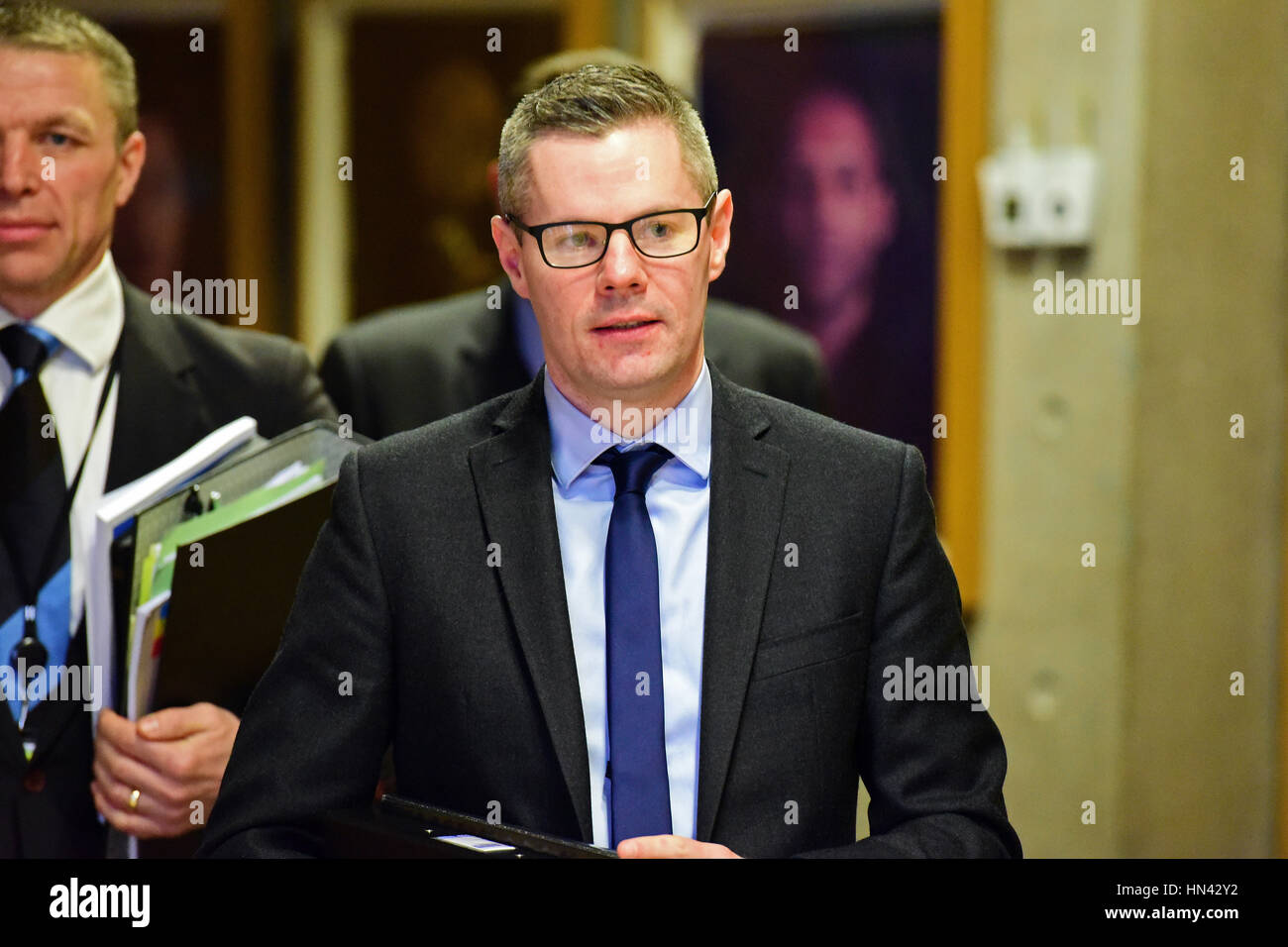Edinburgh, UK. 8th Feb, 2017. Cabinet Secretary for Finance Derek Mackay arrives to give evidence to the Finance and Constitution Committee of the Scottish Parliament, at the beginning of Stage Two of the Budget (Scotland) Bill, Credit: Ken Jack/Alamy Live News Stock Photo